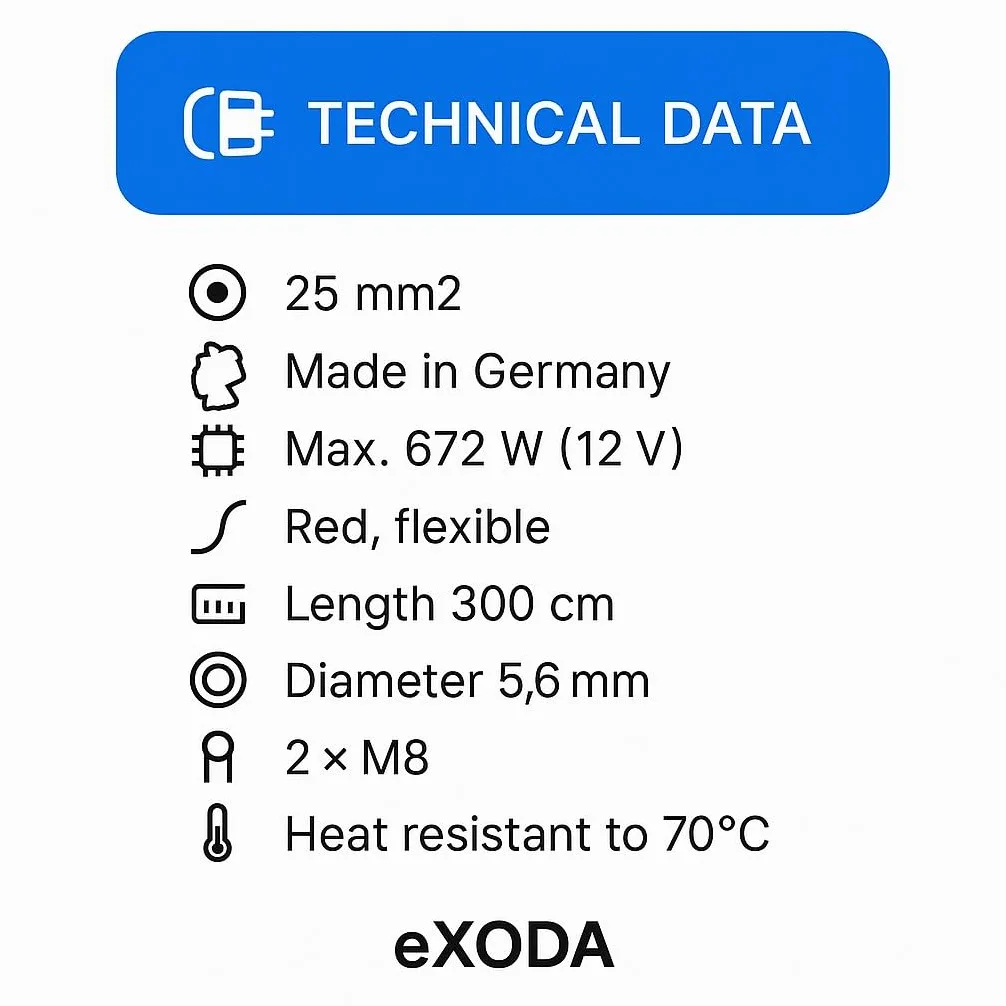 Exoda cable de batería 25 mm² 300cm M8 rojo flexible con grabado | Cable de batería, longitud 300 cm, sección transversal 25 mm², hasta 672 vatios, flexible, abertura M8, resistente al calor h
