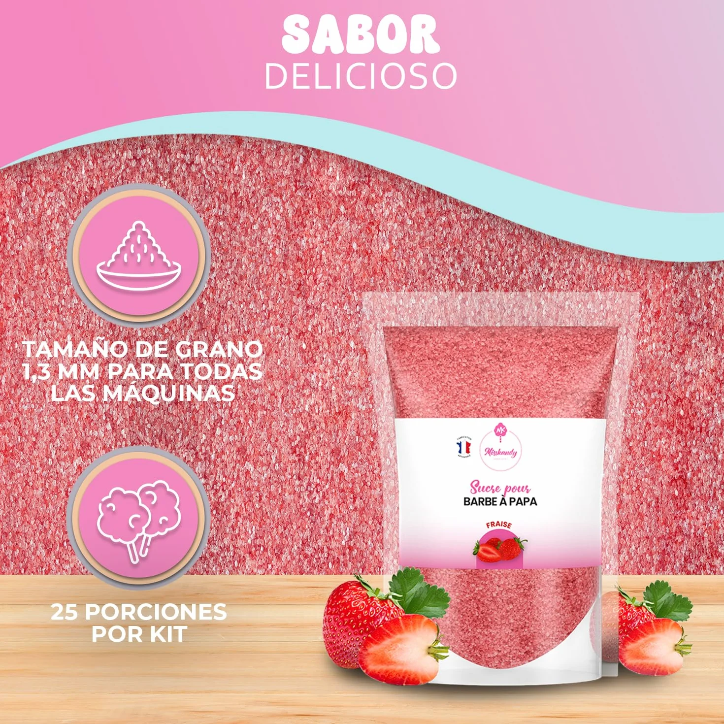 Misskandy Azúcar para Algodón de Azúcar Fresa 500GR Sabores Naturales