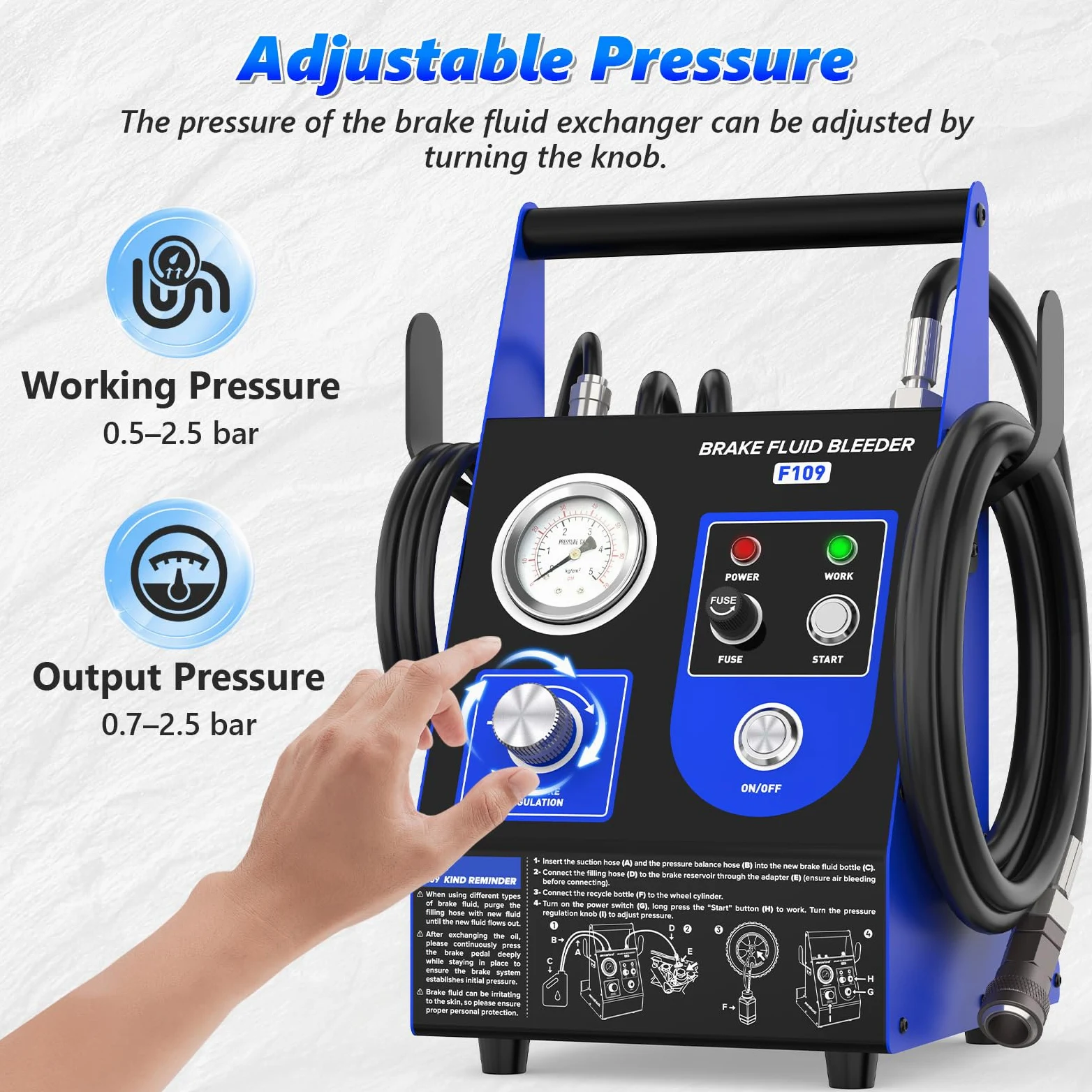 BELEY Automático Purgador Frenos Coche Apto para Toyota Renault Volkswagen | Cambio de Líquido de Frenos por una sola Persona, 0.7 – 2.5 Bar, 3 Adaptadores de Cilindro Maestro, Sin Burbujas