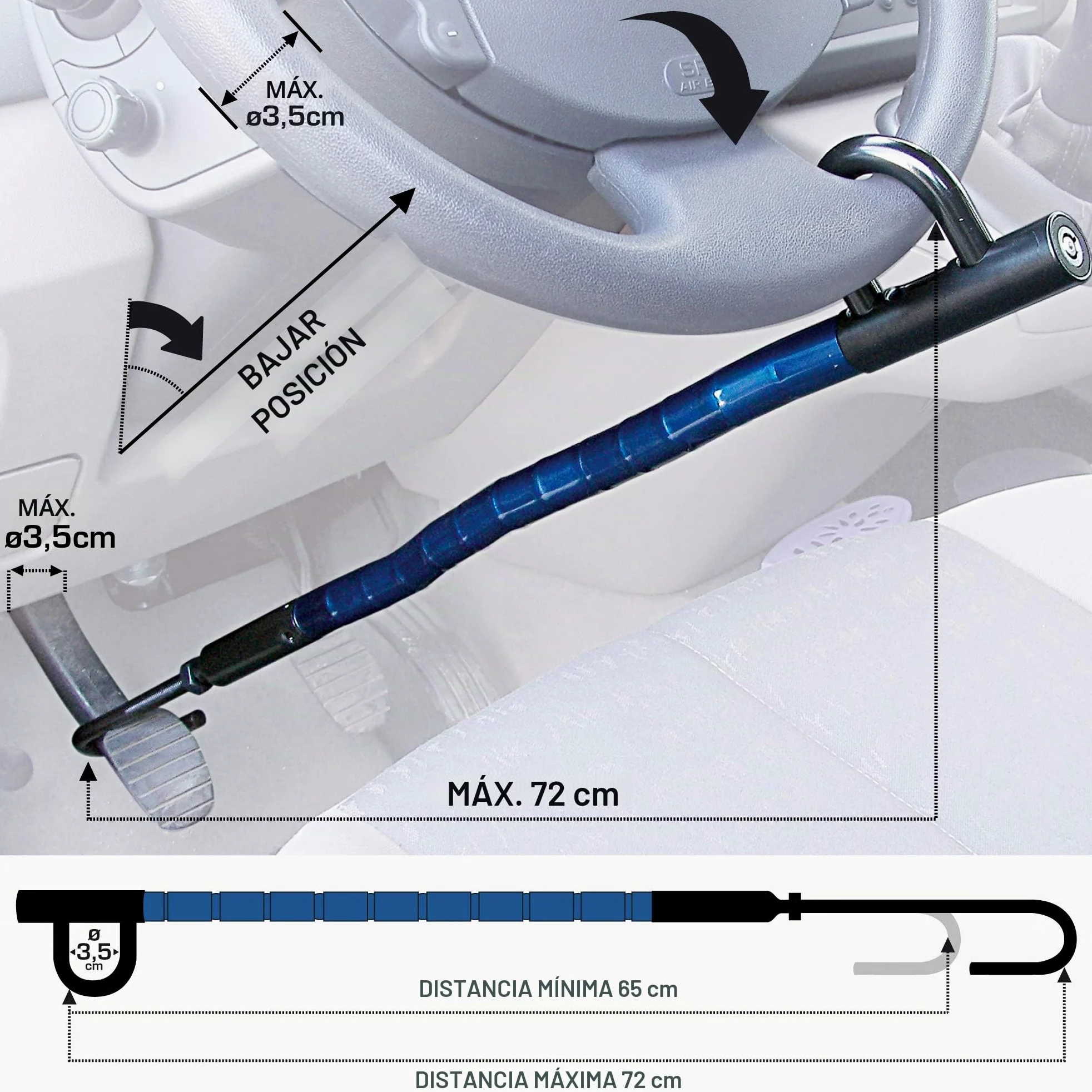 905/B Antirrobo Coche Volante Pedal Flexible, Cable de Acero Articulado, Ajustable Alta seguridad, Bloqueo Inmovilizador Antirobo Freno Embrague para Auto, Furgoneta, Caravana Camper