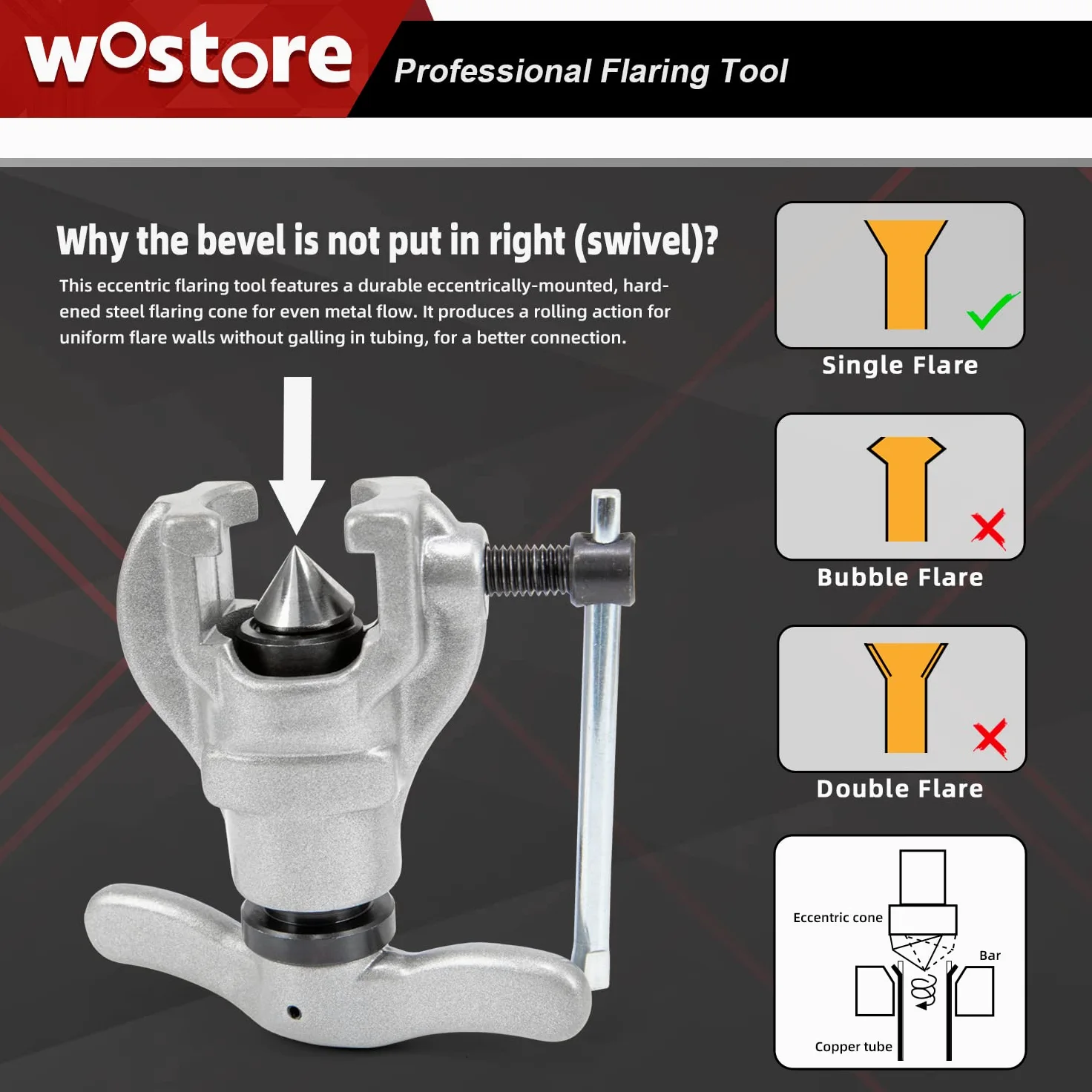 Wostore Juego de herramientas de abocardador, cortador de tubos, refrigeración, ventilación y aire acondicionado, para 7 tamaños de troqueles de 4,7 y 19 mm, 45º, resistente