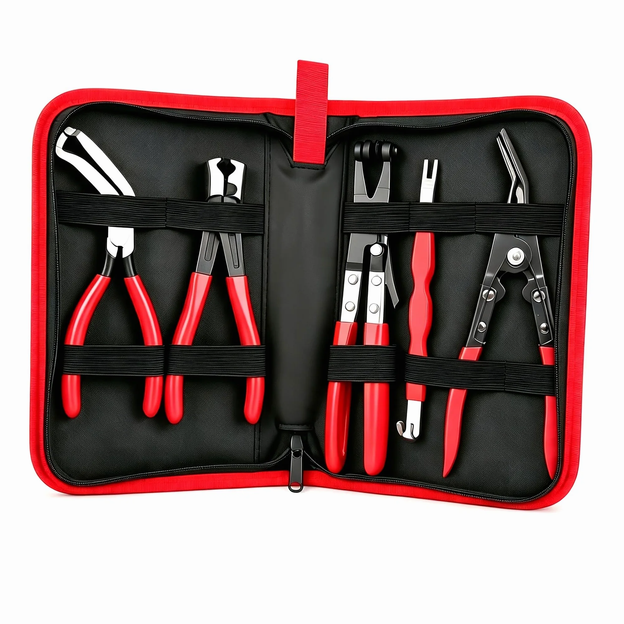 Kit de 5 alicates de desconexión eléctrica automotriz con estuche de almacenamiento de cuero, separador de conectores de acero de alto carbono, abrazadera de manguera y herramientas de extracción de
