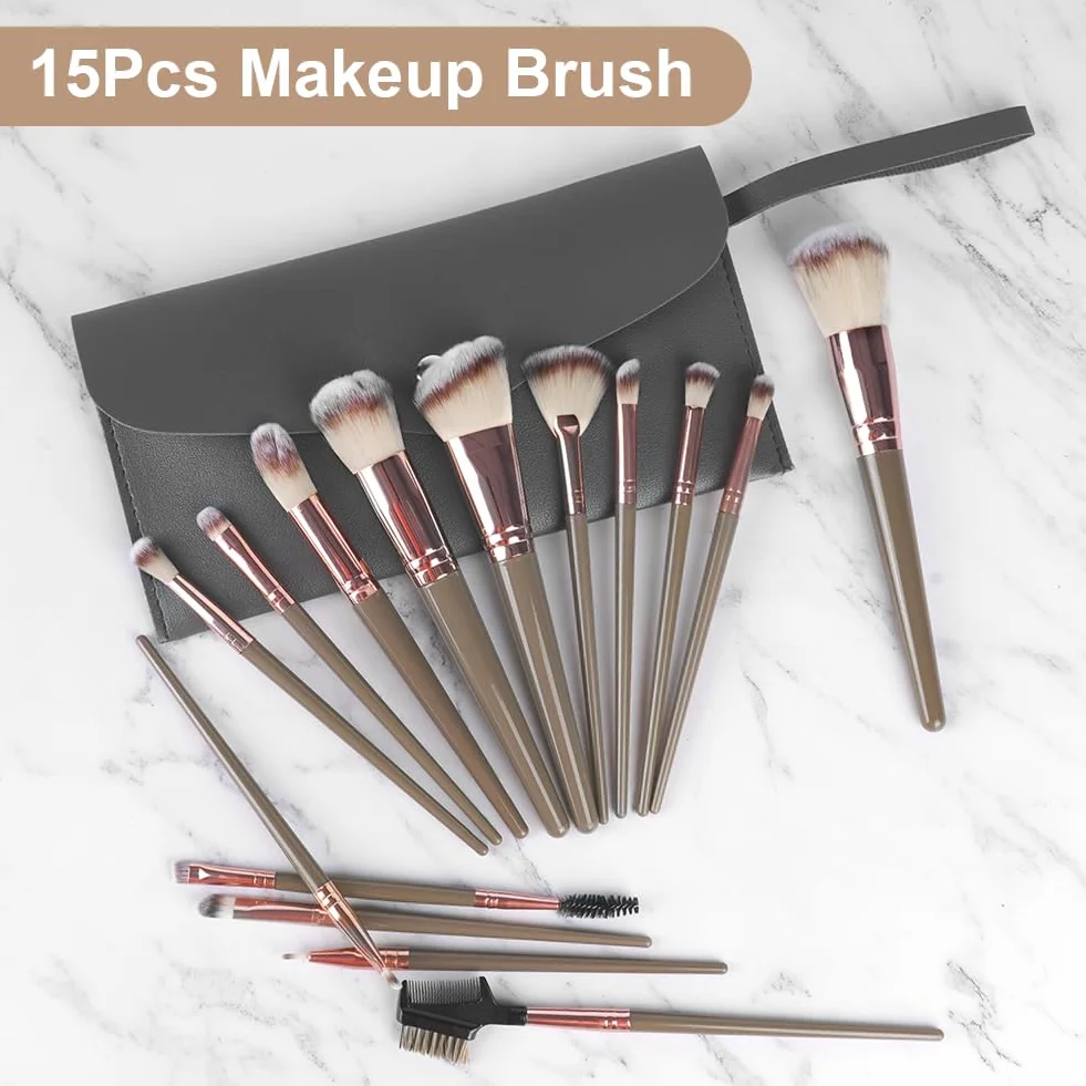 Vicloon Set de Brochas de Maquillaje 15 Piezas Profesional con Soplos de Polvo Marrón