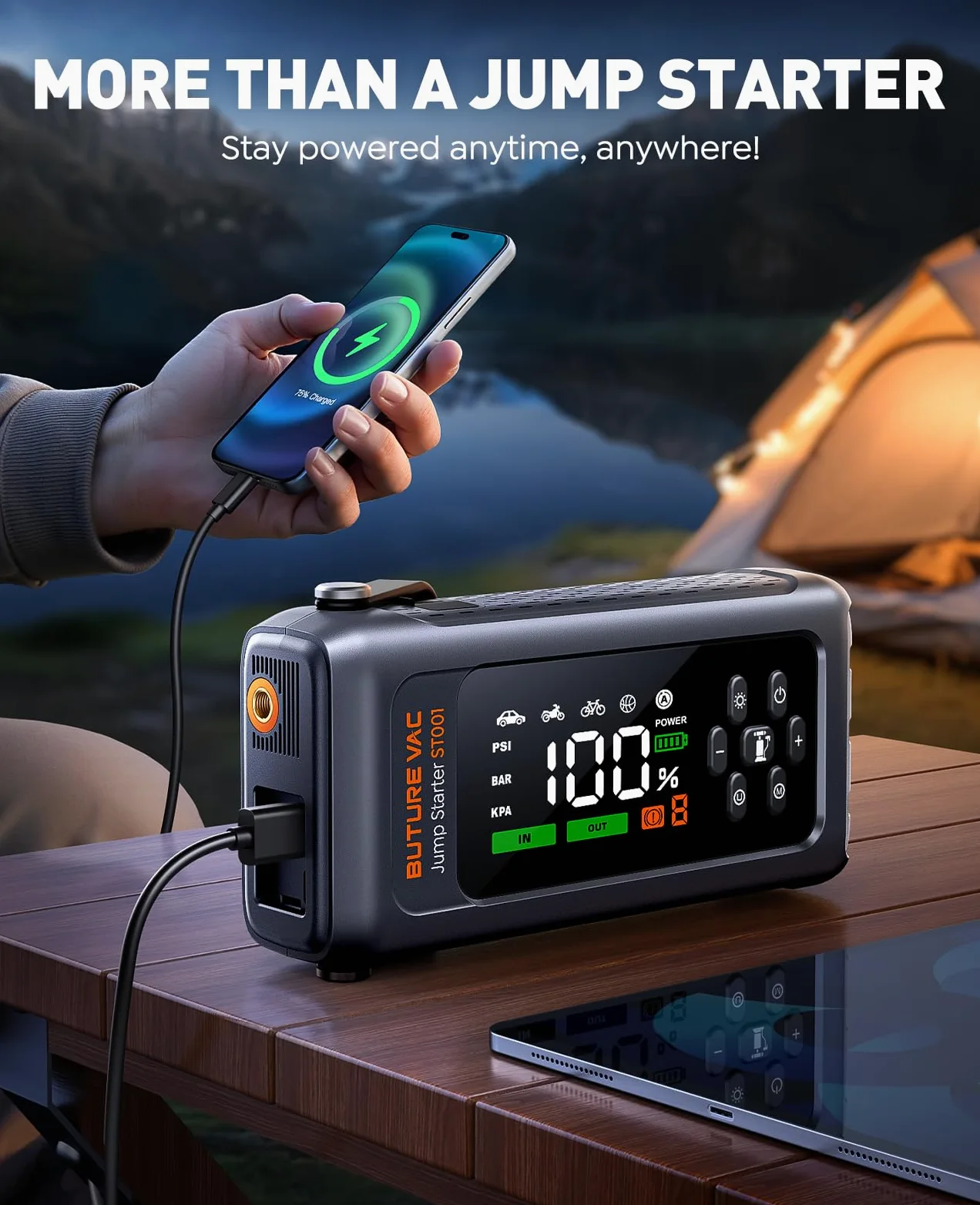 Arrancador de Baterias de Coche con Compresor de Aire, 12V 5000A Arrancador Coche Portatil con Inflador de 150 PSI, Linterna LED de Emergencia, Banco de energía de Arranque