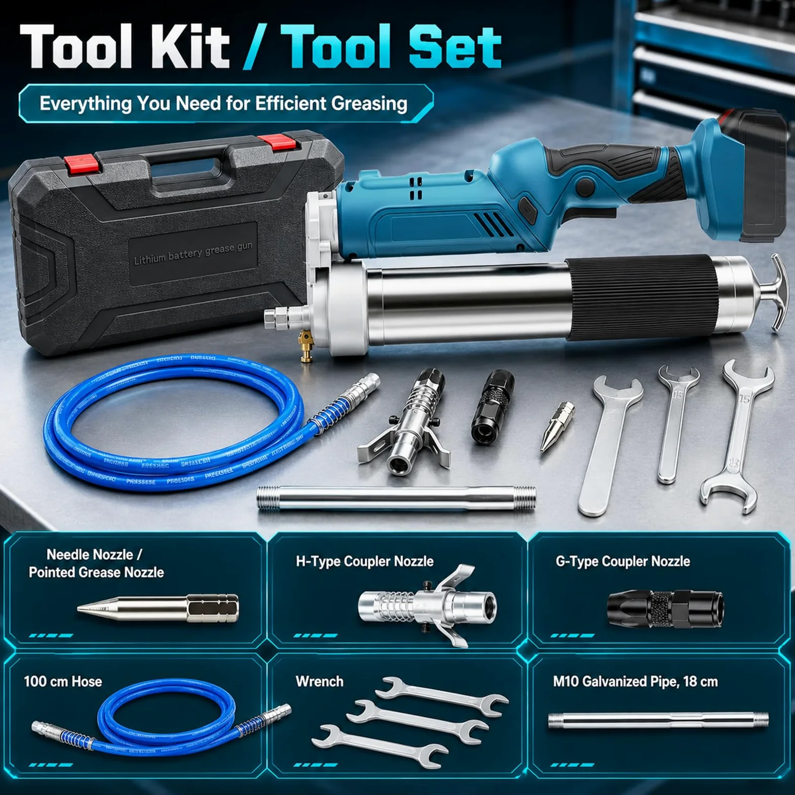Engrasadora Eléctrica 12000PSI 5.4oz/min, Kit con Manguera 1m y 3 Boquillas