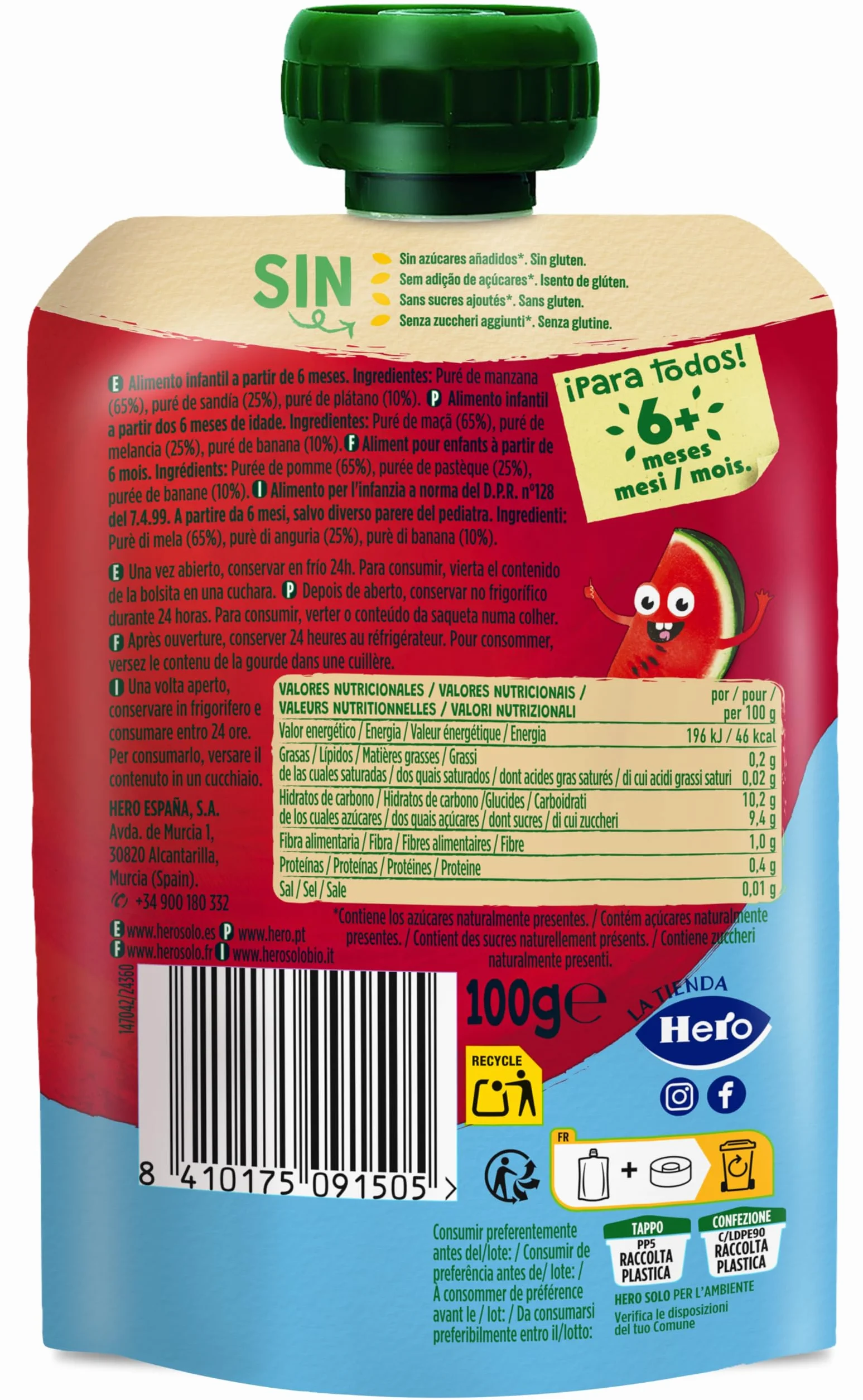 Bolsita Fruta Bebé Manzana Sandía Plátano 100% Natural Sin Conservantes 100g x 6U Desde 6 Meses