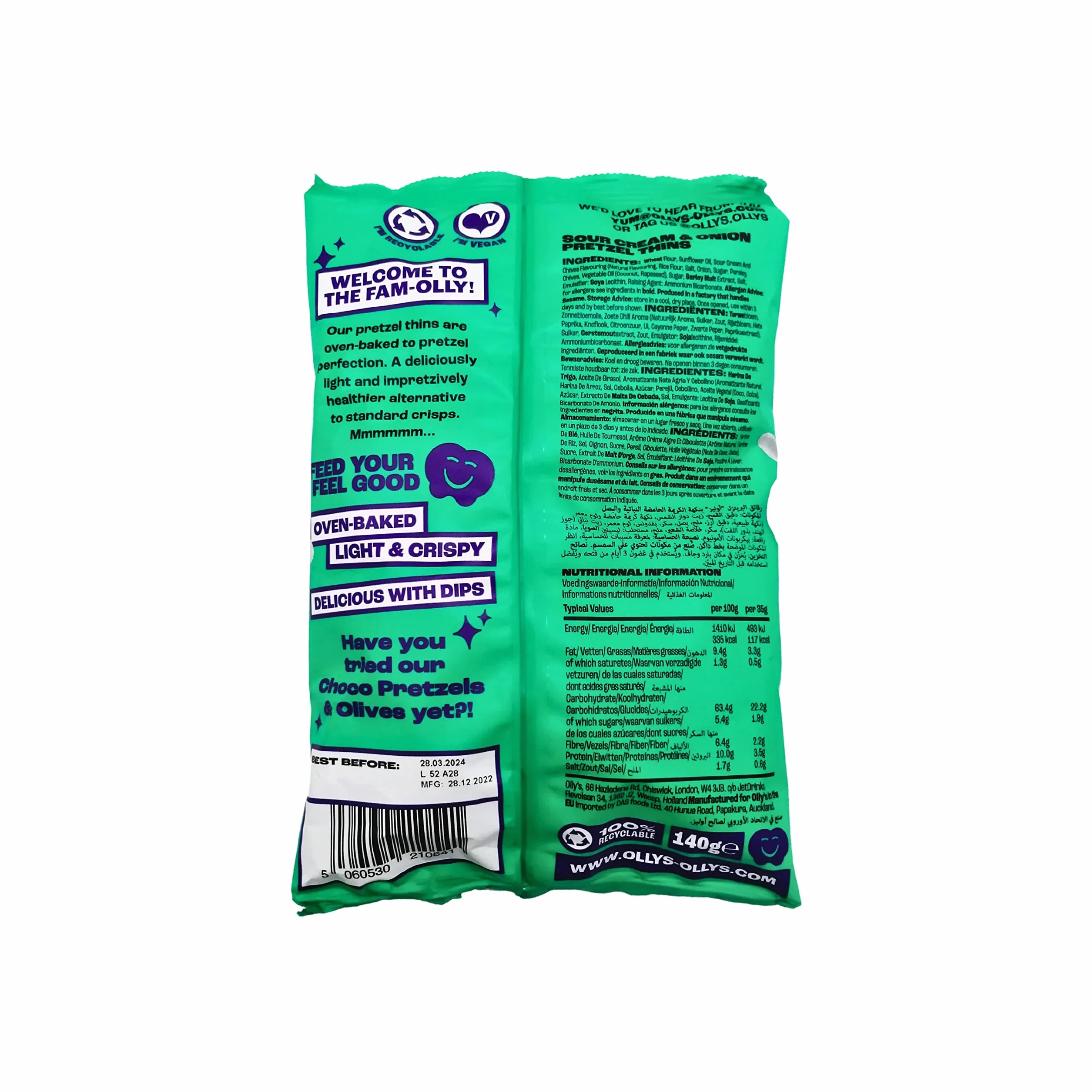Olly's Pretzels horneados Sabor a Crema Agria y Cebolla, Snacks Veganos, Pack 7 bolsas x 140g