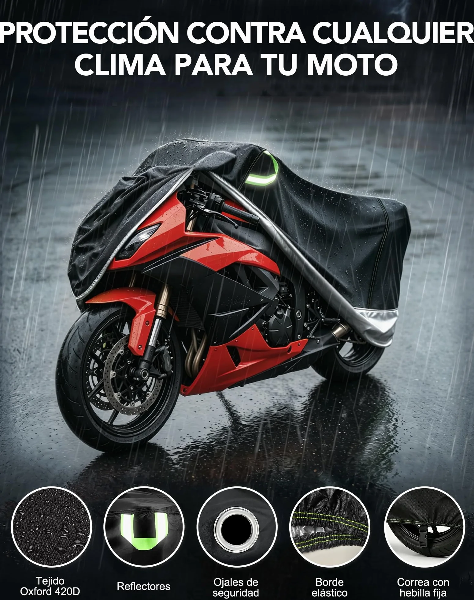 Funda Moto Impermeable 420D Oxford (225cm) - Cubierta Exterior Anti-UV y Viento, con Orificios para Candado e Tiras Reflectantes, per BMW GS, Africa Twin, Tiger (225 * 95 * 125cm)