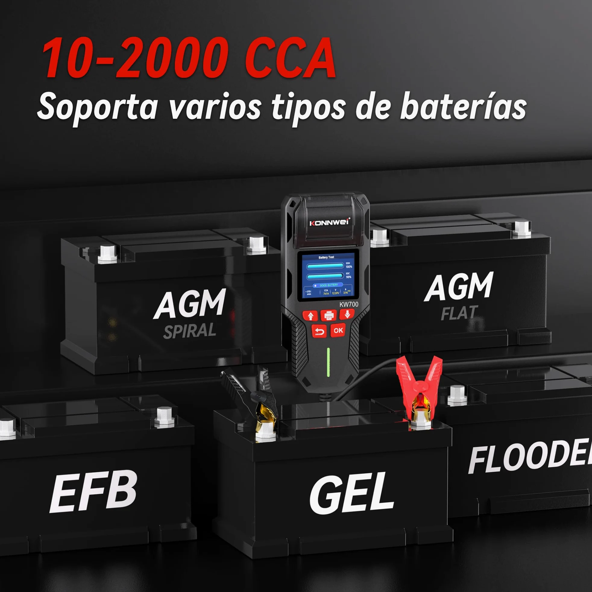 KONNWEI Comprobador de batería de coche con impresora 12V 24V 100-2000 CCA analizador de batería