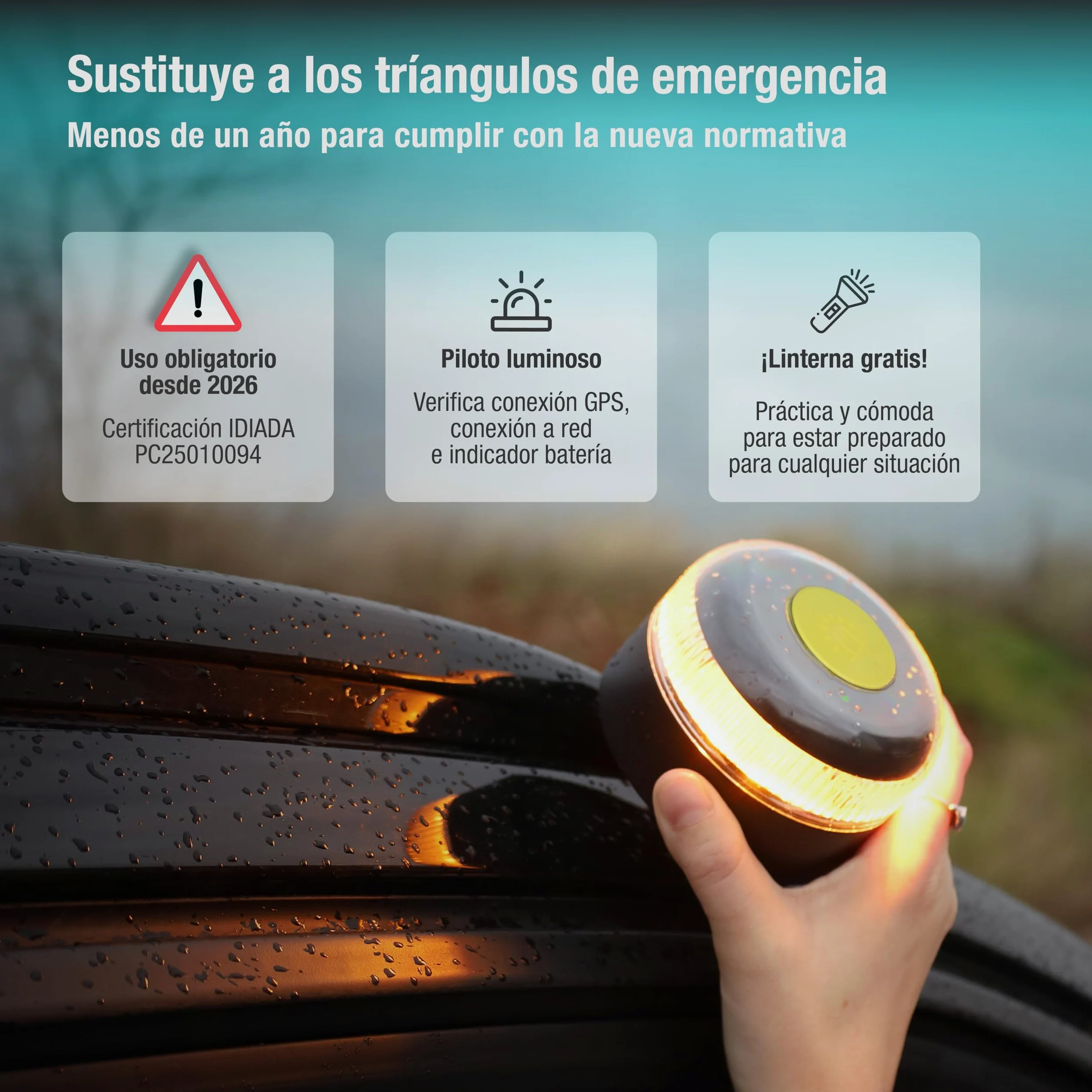 PMK GRUPO | Baliza V16 Conectada Homologada 2026 | Datos incluidos (hasta 12/2038) | Luz Emergencia LED 360º 1 km | Geolocalización GPS + SIM incluida | Conexión a DGT (Pack 2 balizas + 2 linternas)