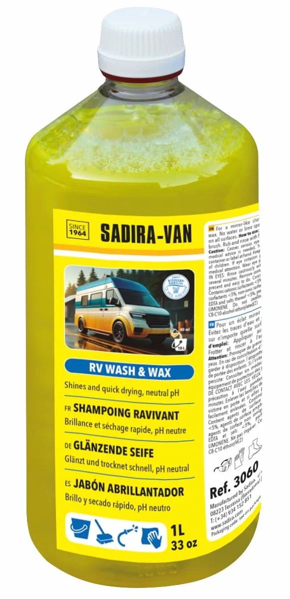 SADIRA VAN Jabón concentrado para autocaravanas 1 L. Limpieza impecable y protección duradera contra marcas de cal en cristales y fibra. Accesorio de mantenimiento de autocaravanes