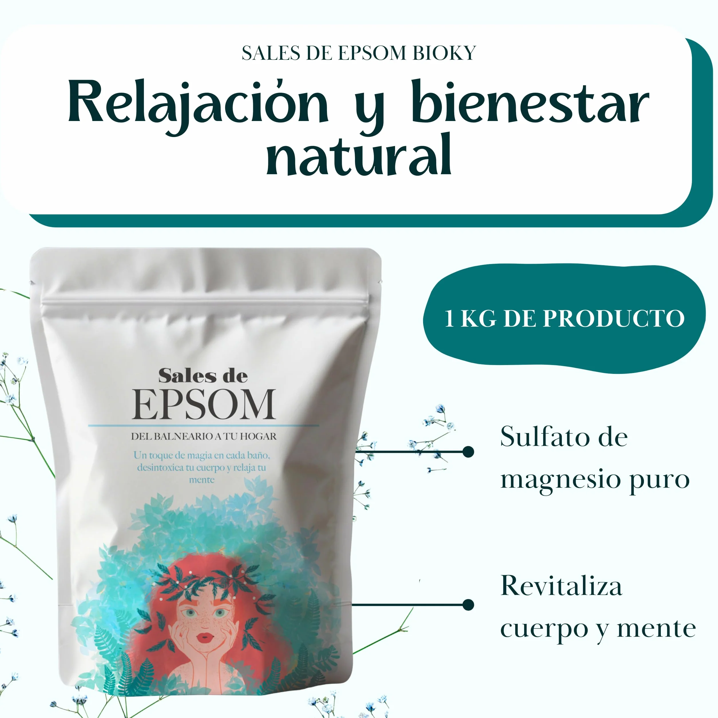 Magnesio para Baño y Pies Sales de Epsom 1kg Bienestar Relajación Muscular Revitalizante Sin Aditivos