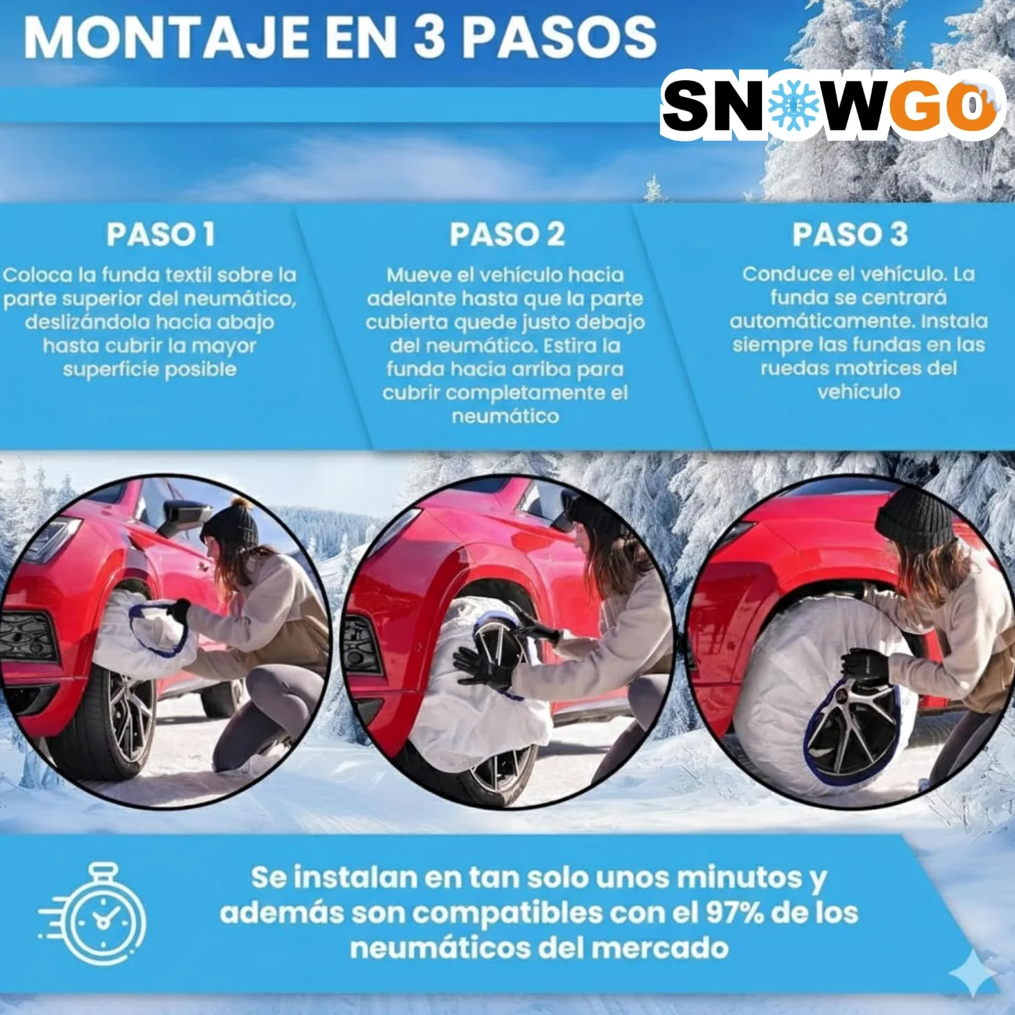 SNOWGO - Juego de 2 cadenas textiles para nieve - Talla XS a XXL - Homologado 16662-1 Europa - Adecuado para vehículos 4x4, vehículos eléctricos, furgonetas y vehículos comerciales <3,5T. (XL)