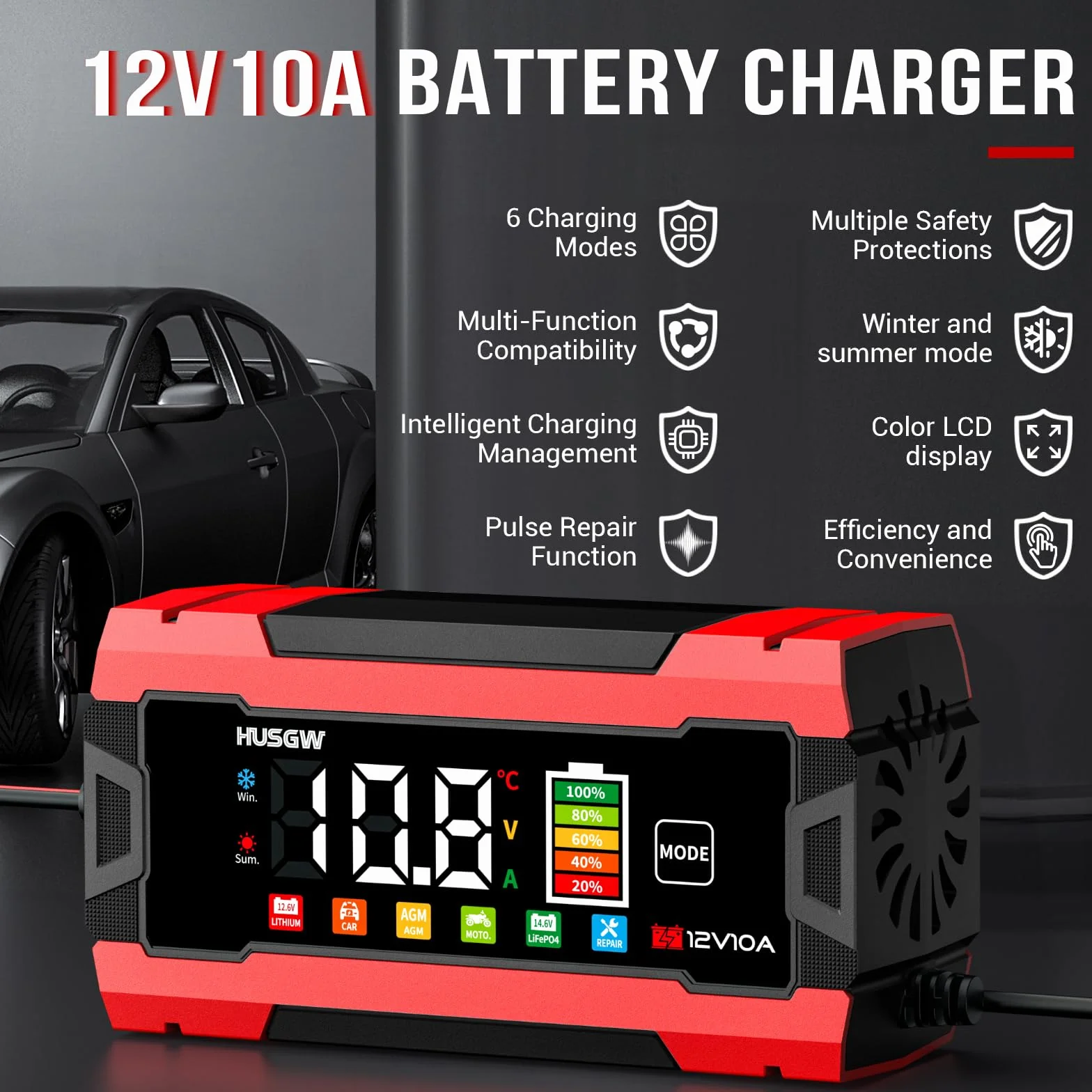 12V 10A Cargador de Batería de Coche, LiFePO4 Cargador de Batería de Moto, Proceso de Carga de Tres Etapas, Protección de Seguridad Múltiple, para Auto, Moto, AGM, Gel, Wet, SLA, LiFePO4 (10 Rojo)