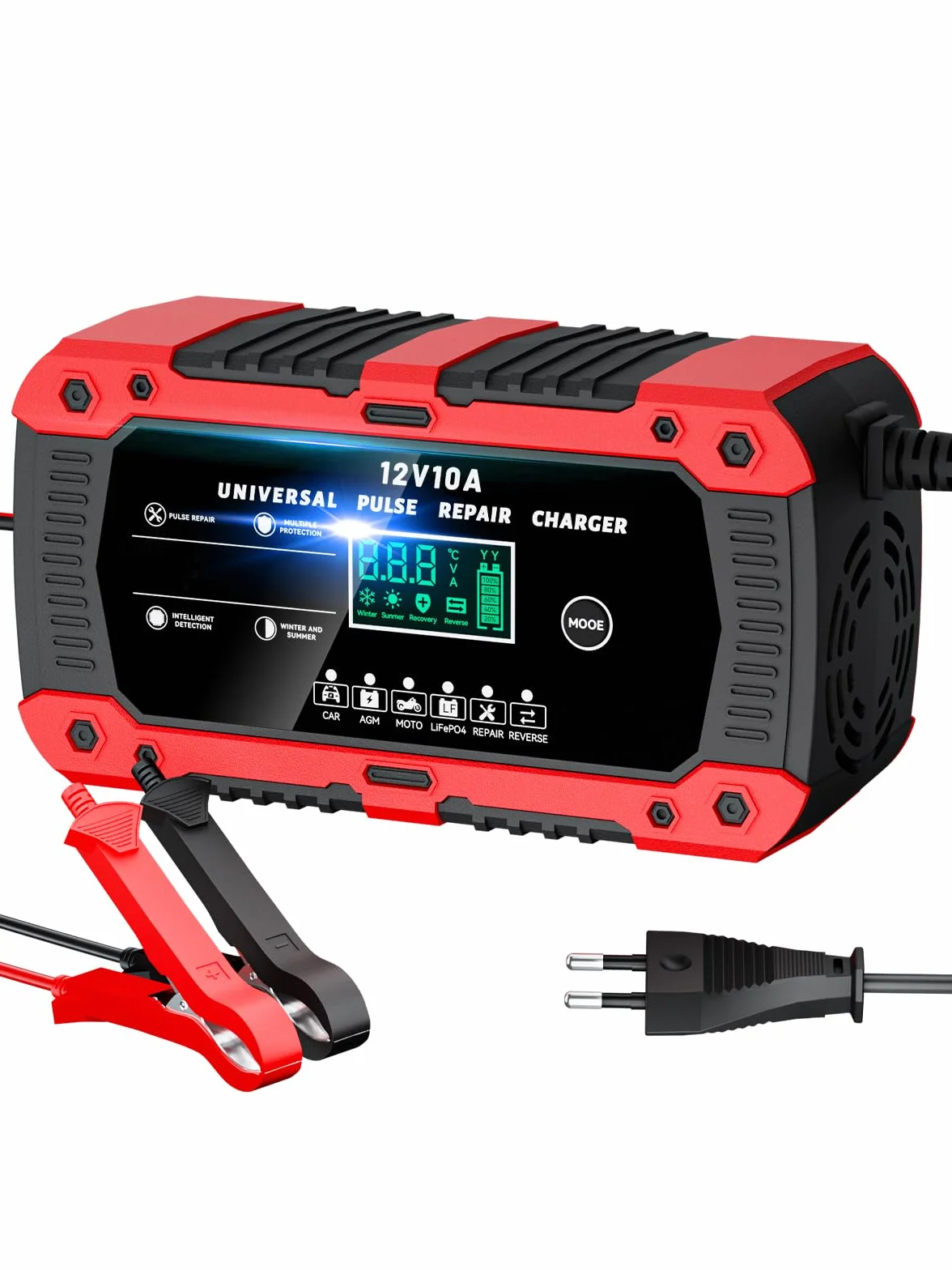 Cargador de Batería de Coche 12V 10A Cargador Baterias Coche y Moto con Pantalla Táctil LCD Inteligente y Múltiples Protecciones Cargador de Batería para Auto Moto Camión AGM, Gel, SLA