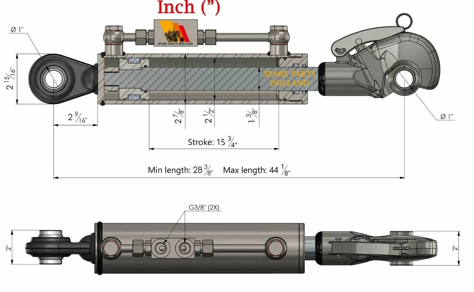Tercer Punto Hidráulico Cat 2-2 (720 - 1120 mm) con Engaches Rápido, Bloque de Bloqueo y 2 Mangueras