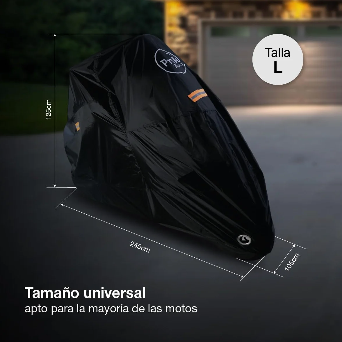 PMK GRUPO | Funda para Moto Impermeable 190T Talla L (245x105x125 cm) | Cubierta para Motocicleta y Scooter Exterior | Protector UV, Antirrobo con Ojal para Candado, Hebilla Antiviento y Reflectante