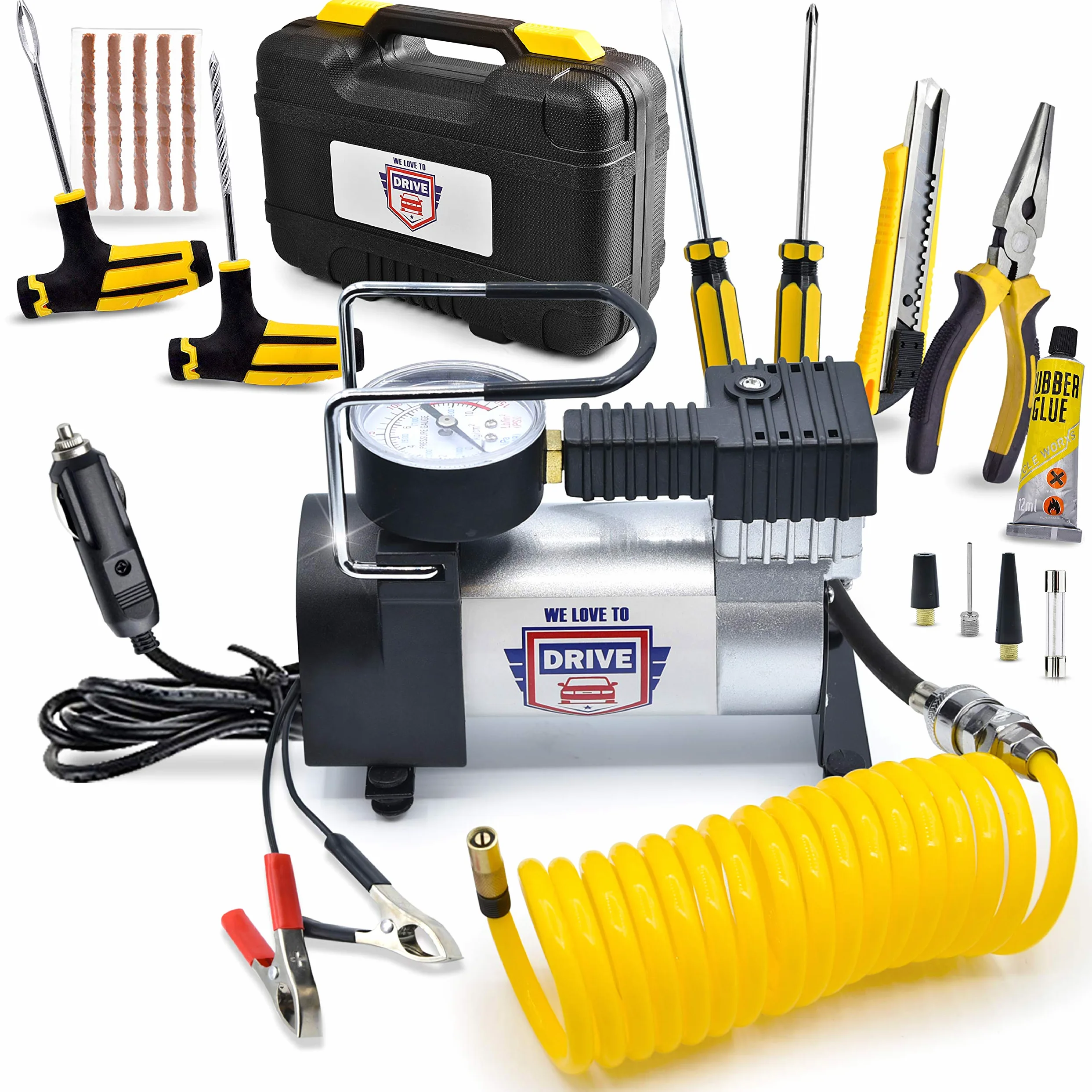 Compresor de aire portátil para inflador de neumáticos con kit de reparación de neumáticos, bomba de aire de 12 V CC para neumáticos de automóvil, bomba de neumáticos de 150 PSI con medidor de presión