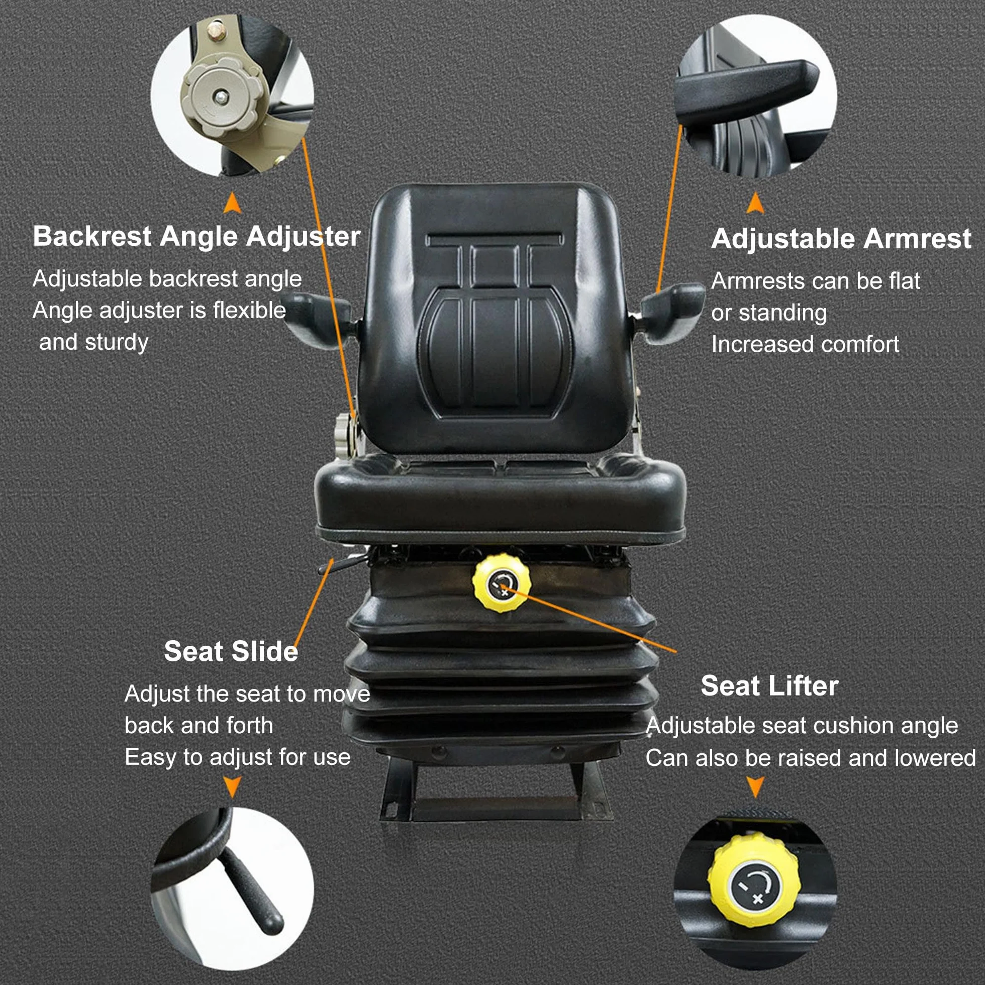 IPSU Asiento Universal para Carretilla Elevadora, Asiento De Tractor con Absorción De Impactos De 3 Niveles, Asiento De Excavadora De Cuero Plegable con Respaldo y Reposabrazos Ajustables