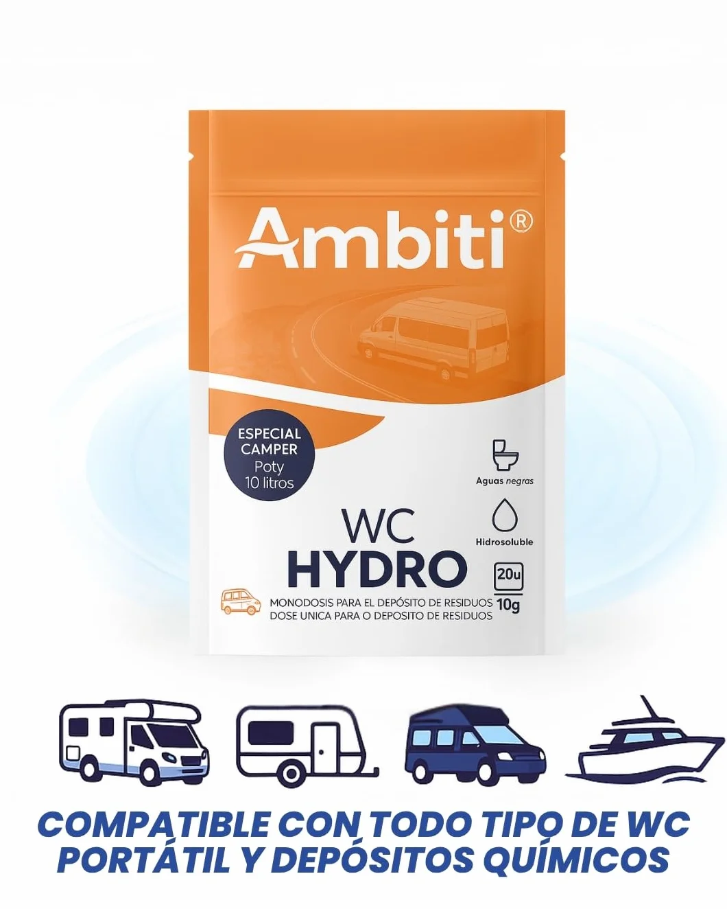 Ambiti | WC Hydro Camper | Monodosis Hidrosolubles para Depósito de Residuos de Autocaravanas,Caravanas y Campers| Elimina Deshechos Orgánicos| Fragancia Piña colada| 20 dosisx 10 g/unidad