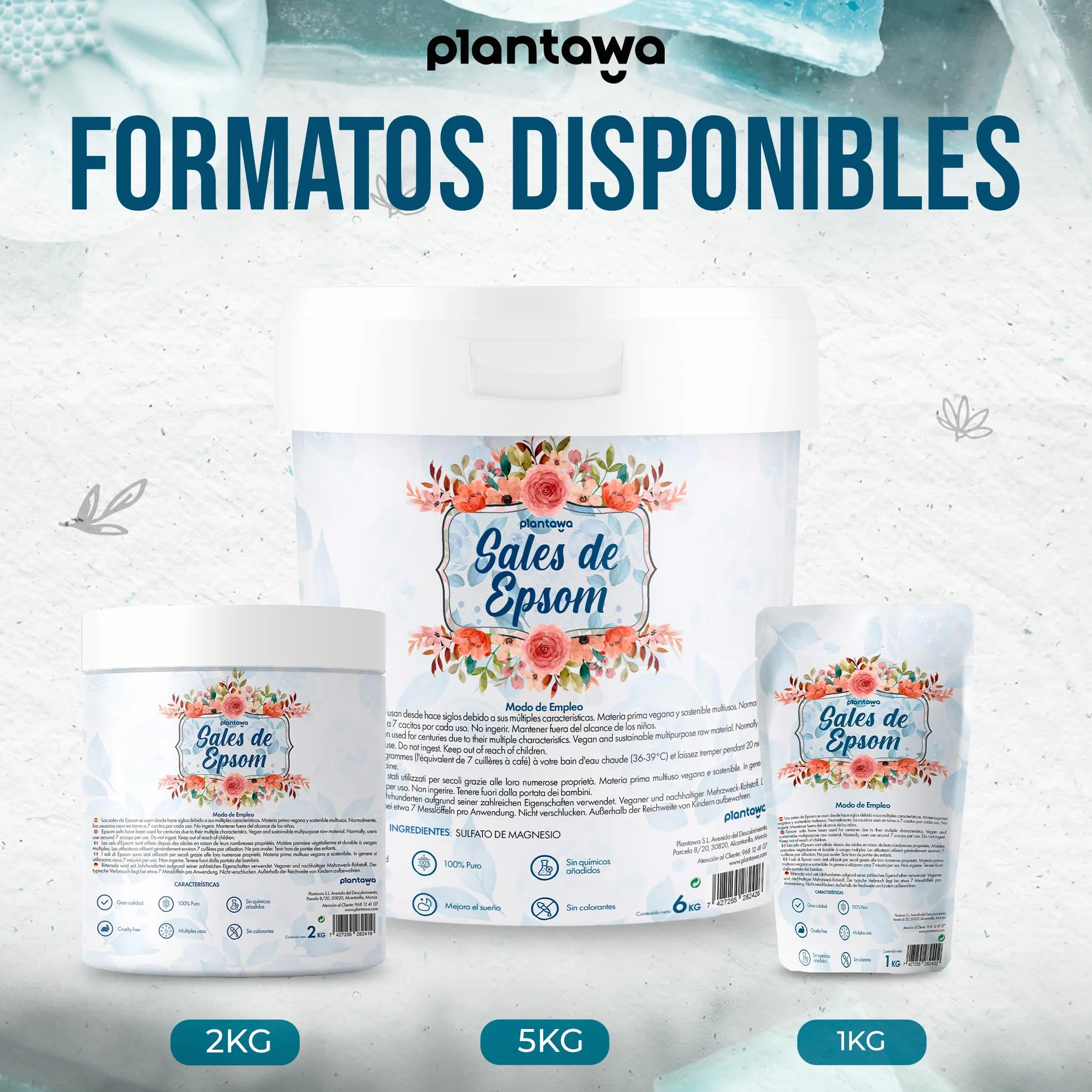 Plantawa Sales de Epsom 1KG | Sal de Baño Concentrado de Magnesio Puro | 100% Naturales para Baño Relajante