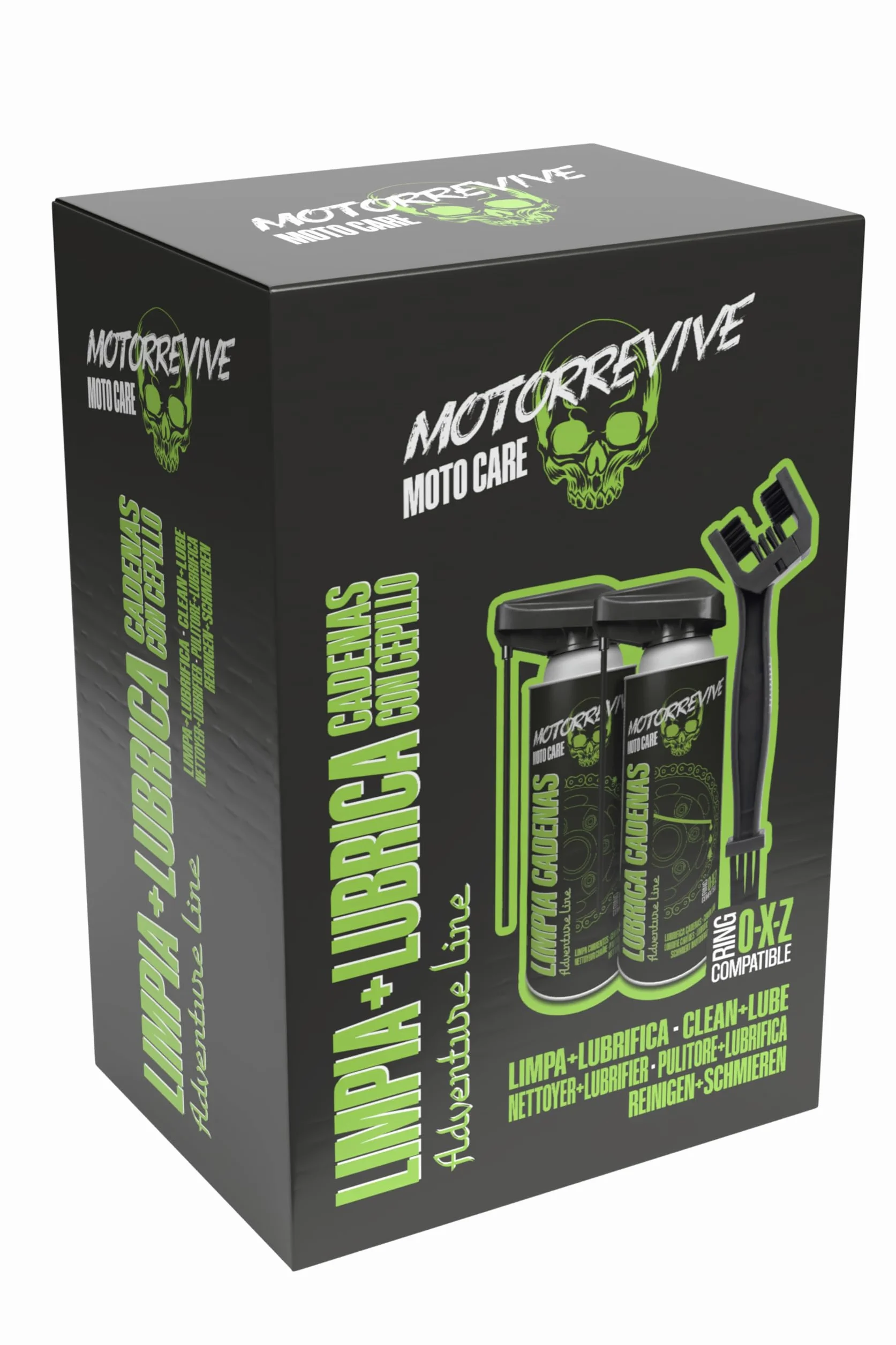 Pack Adventure Line con Limpiador, Lubricante y Cepillo para Cadenas de Moto Off-Road 380 + 380 ml | Mantenimiento Completo para Motocross, Enduro y Rutas Todo Terreno
