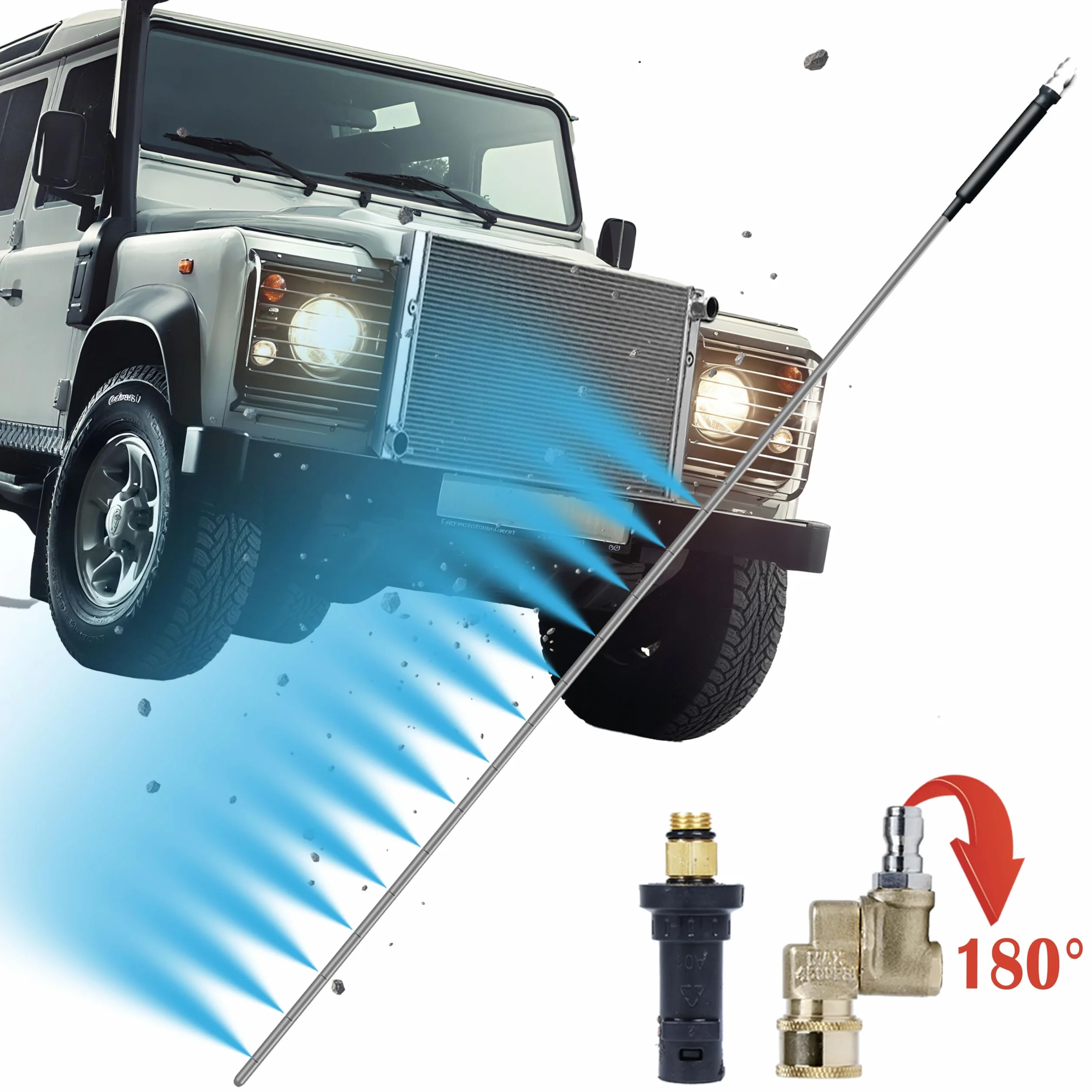 Varilla de limpieza de radiador – Herramienta de purga de radiador de 5000+ PSI con adaptador adecuada para lavadora de coches Karche, camiones, autocaravanas, limpieza dual de agua/aire, incluye