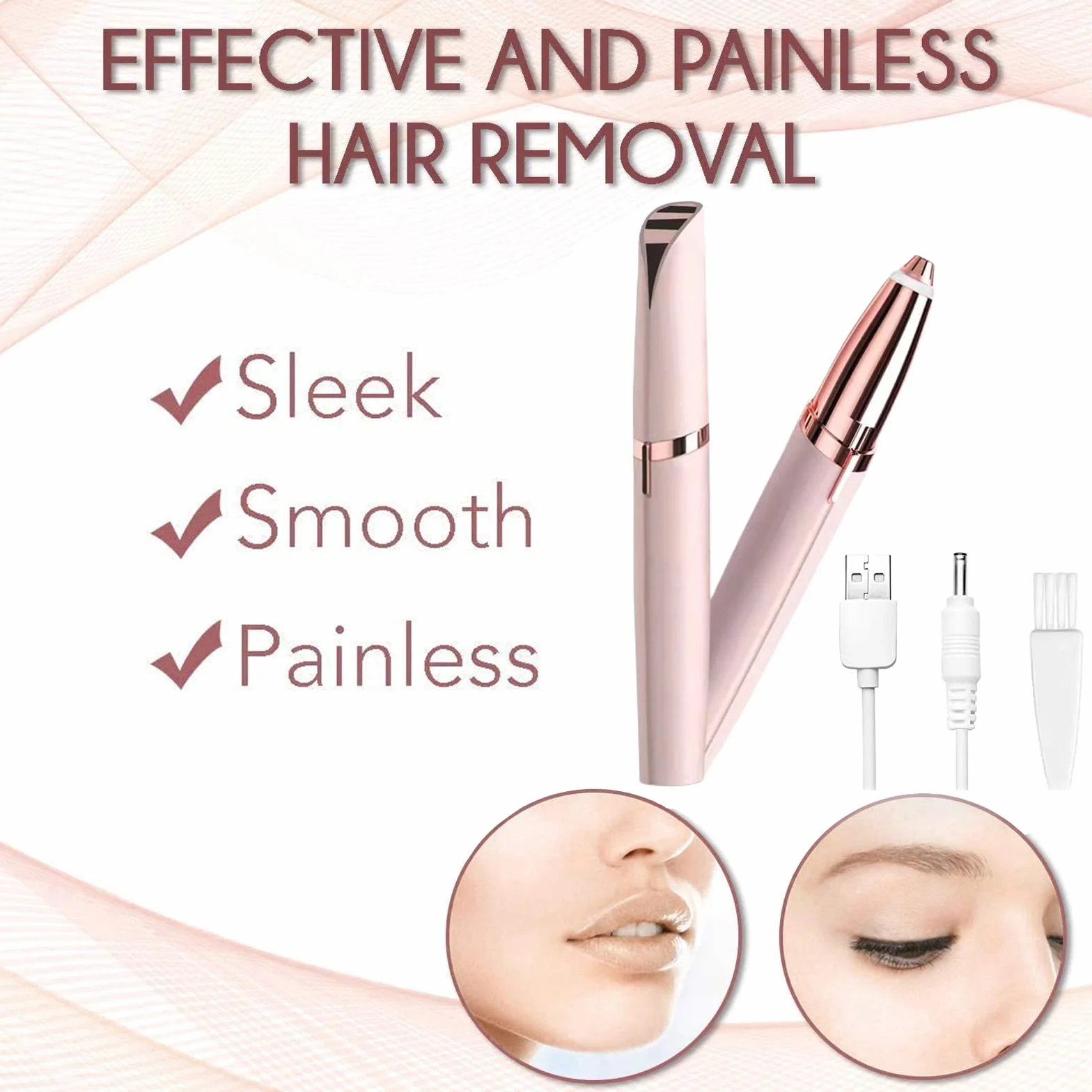 Depiladora Facial Mujer Recargable Impermeable Recortador de Cejas USB Portátil Sin Dolor Luz LED