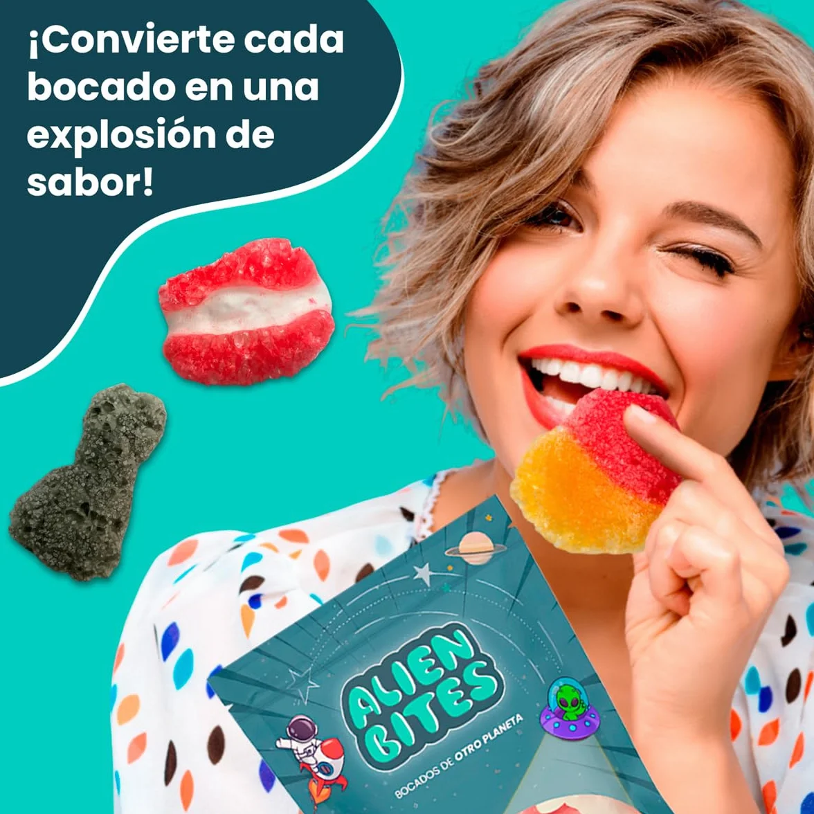 Alien Bites Pack de 4 Bolsas de 50g Chuches Liofilizadas Gominolas Freeze Dried Sin gluten