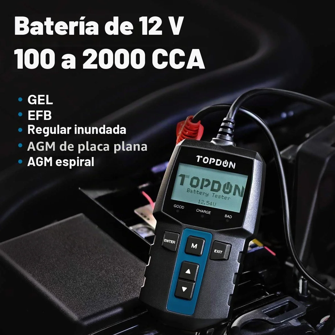 TOPDON BT100 Comprobador de Baterias de Coche 12V, 100-2000 CCA Probador de Batería Auto para Arranque y Sistema de Carga, Analizador de Batería Digital para Coche, Camión, Moto, ATV, SUV, Barco,Yate