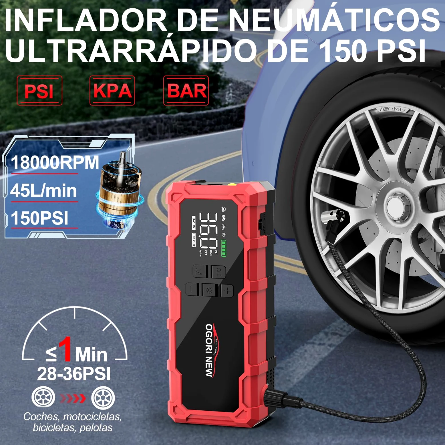 Arrancador de Coche 8000A,Arrancador de Baterias para Coche 12V con Compresor Aire Portatil(para 10L de Gasolina o 8L de Diésel),Jump Starter con Pinzas de Seguridad Inteligentes/luz LED