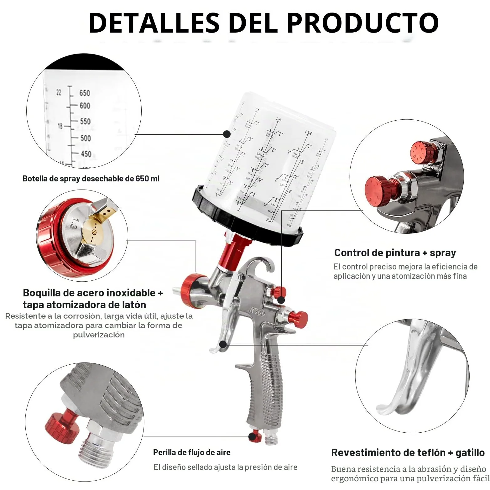LVLP Pistola de pulverización de Aire, Pistola de pulverización con 10 Vasos Desechables de 650 ml, 3 boquillas de 1,3/1,7/2,0 mm y regulador de Aire (1,3/1,7/2,0+10 Disposable Paint Cups) | LVLP R500 Pistola de pintura automotriz para pintura de hogar, c