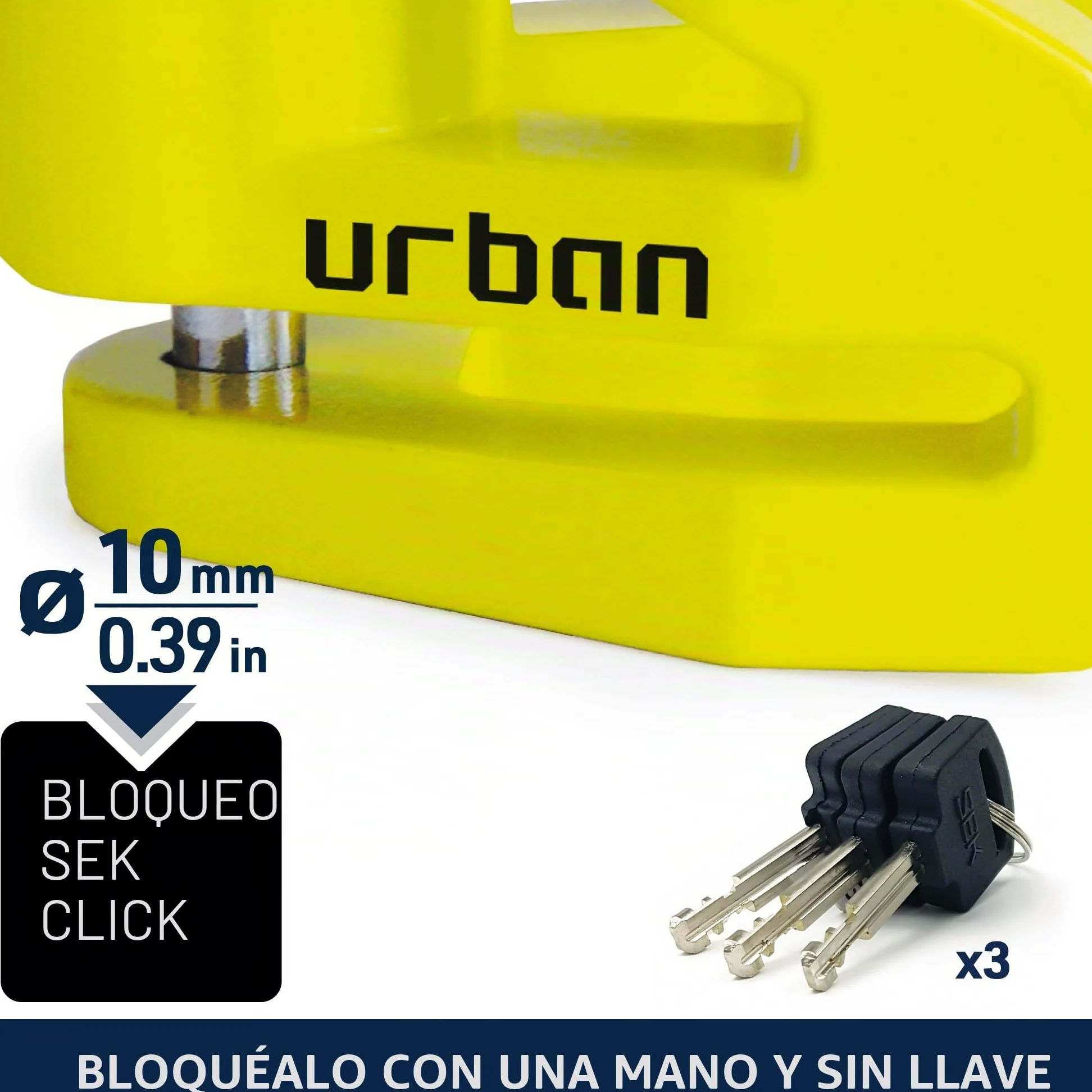 Urban UR206Y Candado Moto Disco, Más Visible Más Disuasorio, ø6mm Diseño Ligero, Seguridad Compacta y Eficaz, Antirrobo Bloqueo Pinza Disco Freno Universal para Moto, Bicicleta, Patinete Electrico