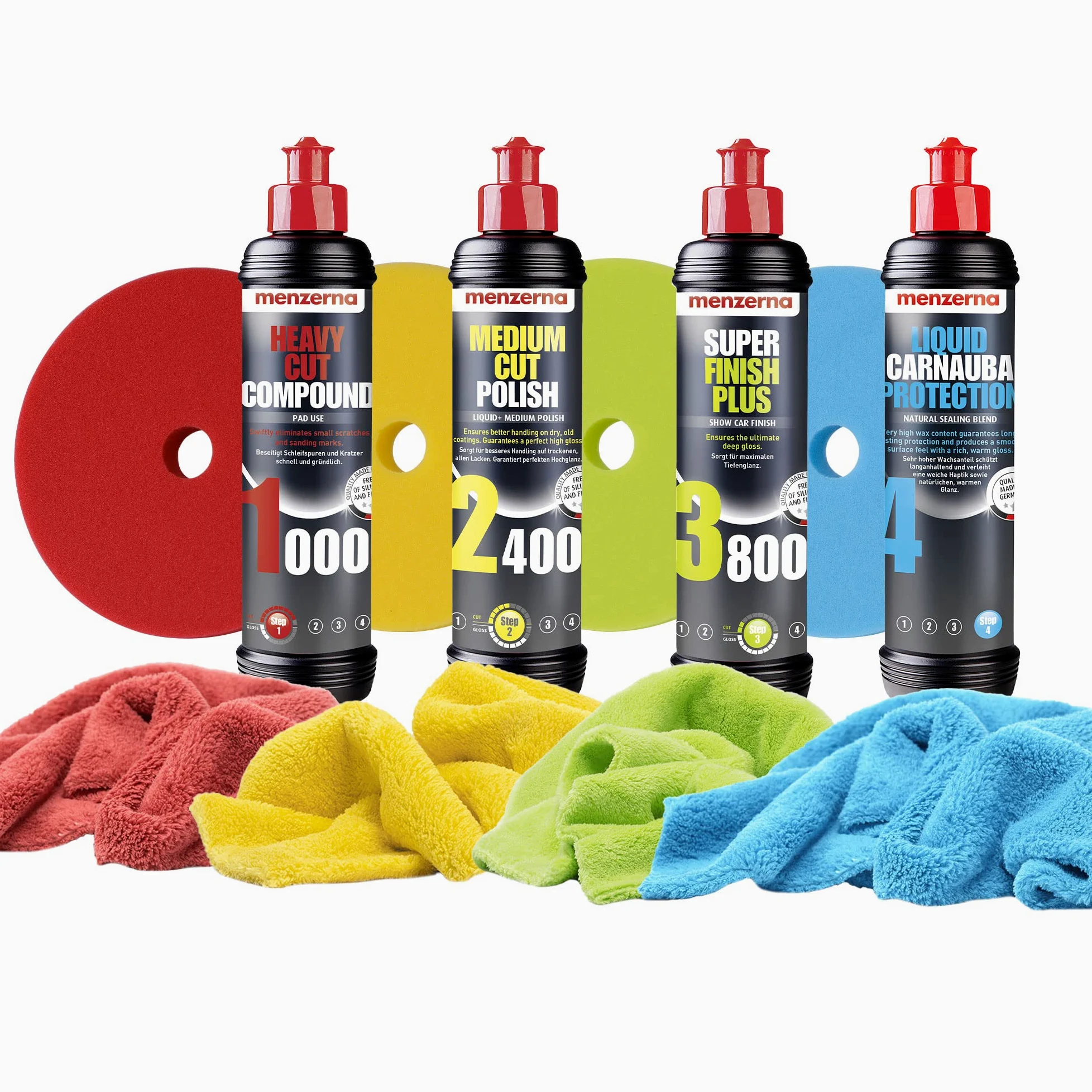 detailmate Car Polish Set - Menzerna Super Heavy Cut HC1000 Compound + Medium Cut 2200 + Super Finish Plus SFP3800 + Carnauba Liquid Wax + 4 Almohadillas de Pulido + 4X paño de Pulido de Microfibra