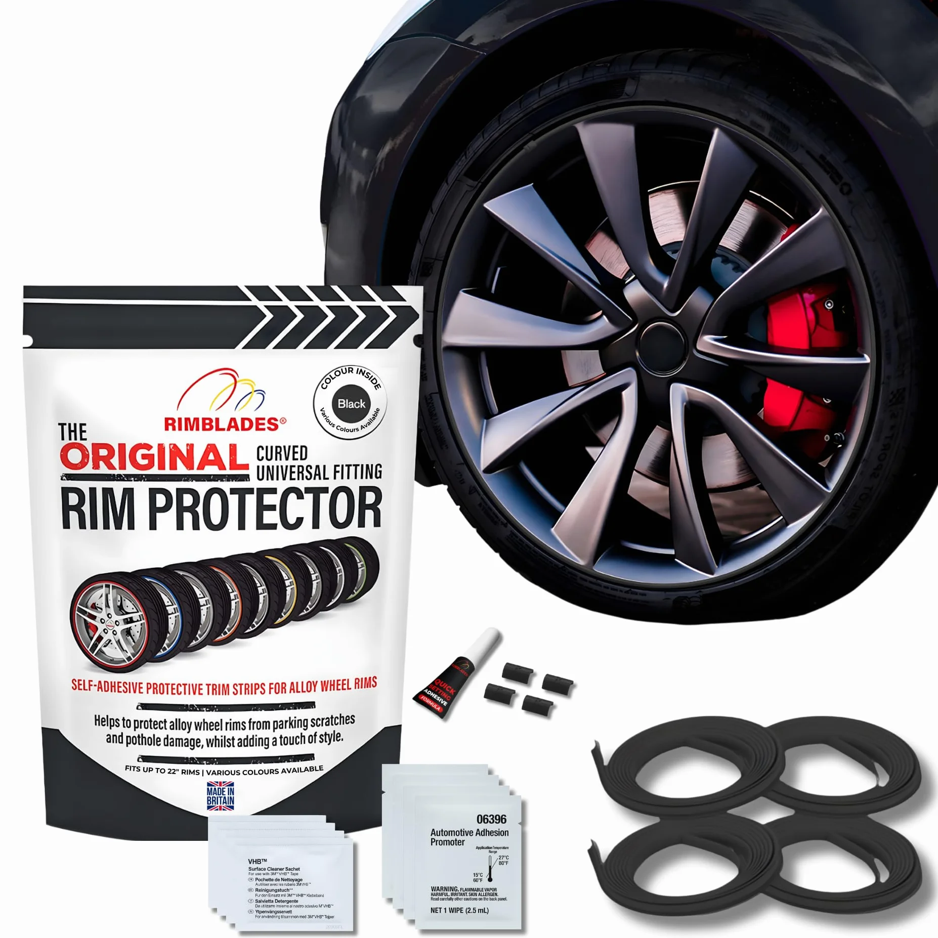 Rimblades Original Protectores de Llantas de Aleación Negro – Compatibles con Ruedas de hasta 22” x 4 | para Llantas con Borde Curvo/Redondeado | 9 Colores | Fácil Instalación DIY