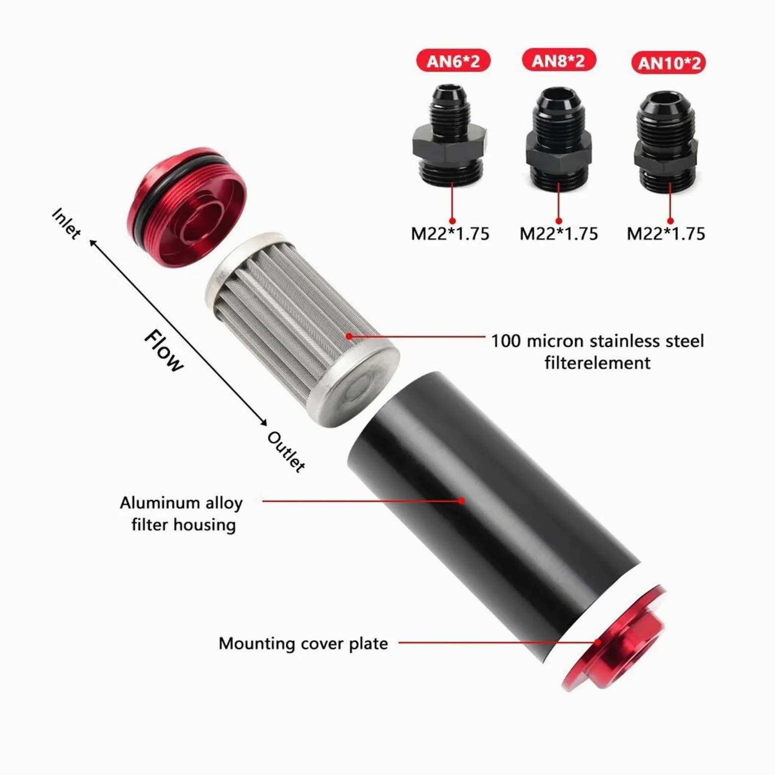 Filtro de combustible en línea 50 mm y 100 micras con soporte montaje aluminio, llave adaptador universal 6AN/8AN/10AN, lavable, negro/rojo(Red)