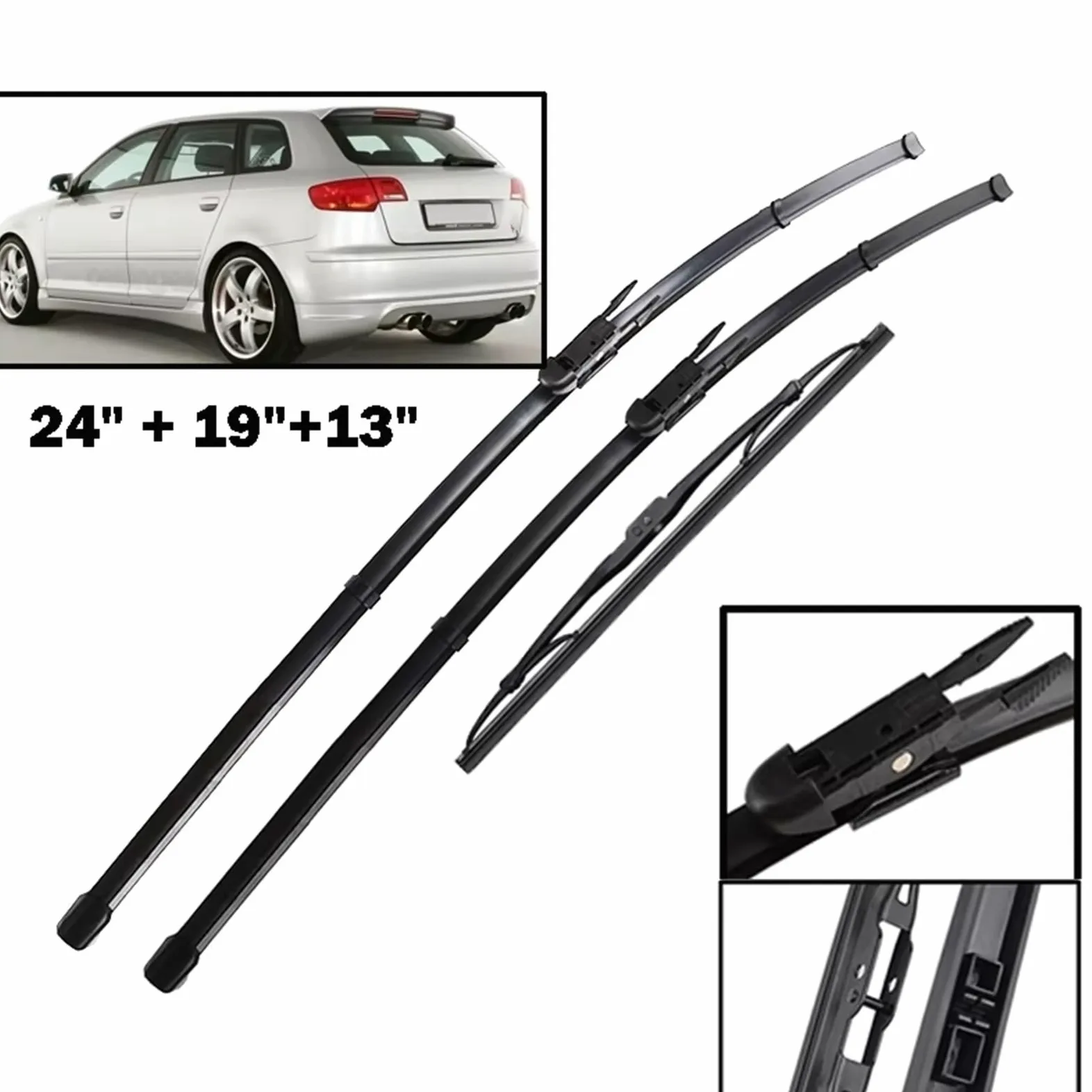 Compatible con A3 8P 2005 2006 2007 2008 2009 2010 2011 2012 24" + 19" + 13" Escobillas limpiaparabrisas Delanteras y traseras, Parabrisas, escobillas de Lluvia, Conjunto de limpiaparabrisas