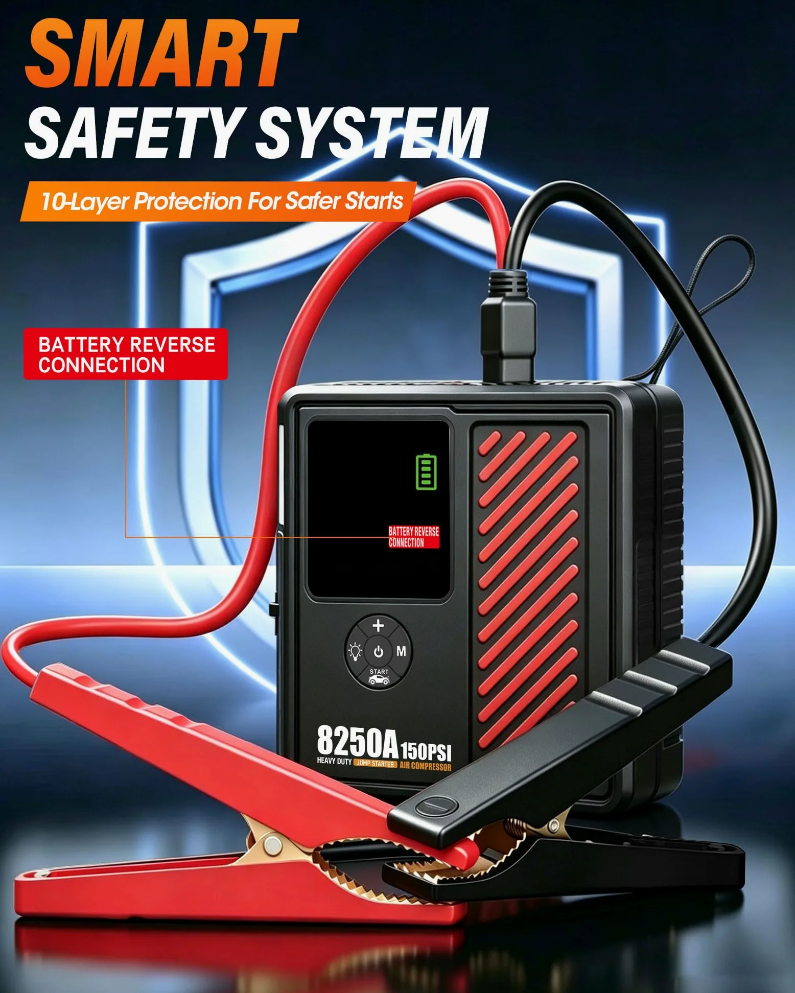 Arrancador portátil de coche de 8250 amperios con compresor de aire, inflador de neumáticos seguro de 150 PSI, inflado rápido de 40 l/min con apagado automático de 12 V, 760 CCA, arrancador de batería
