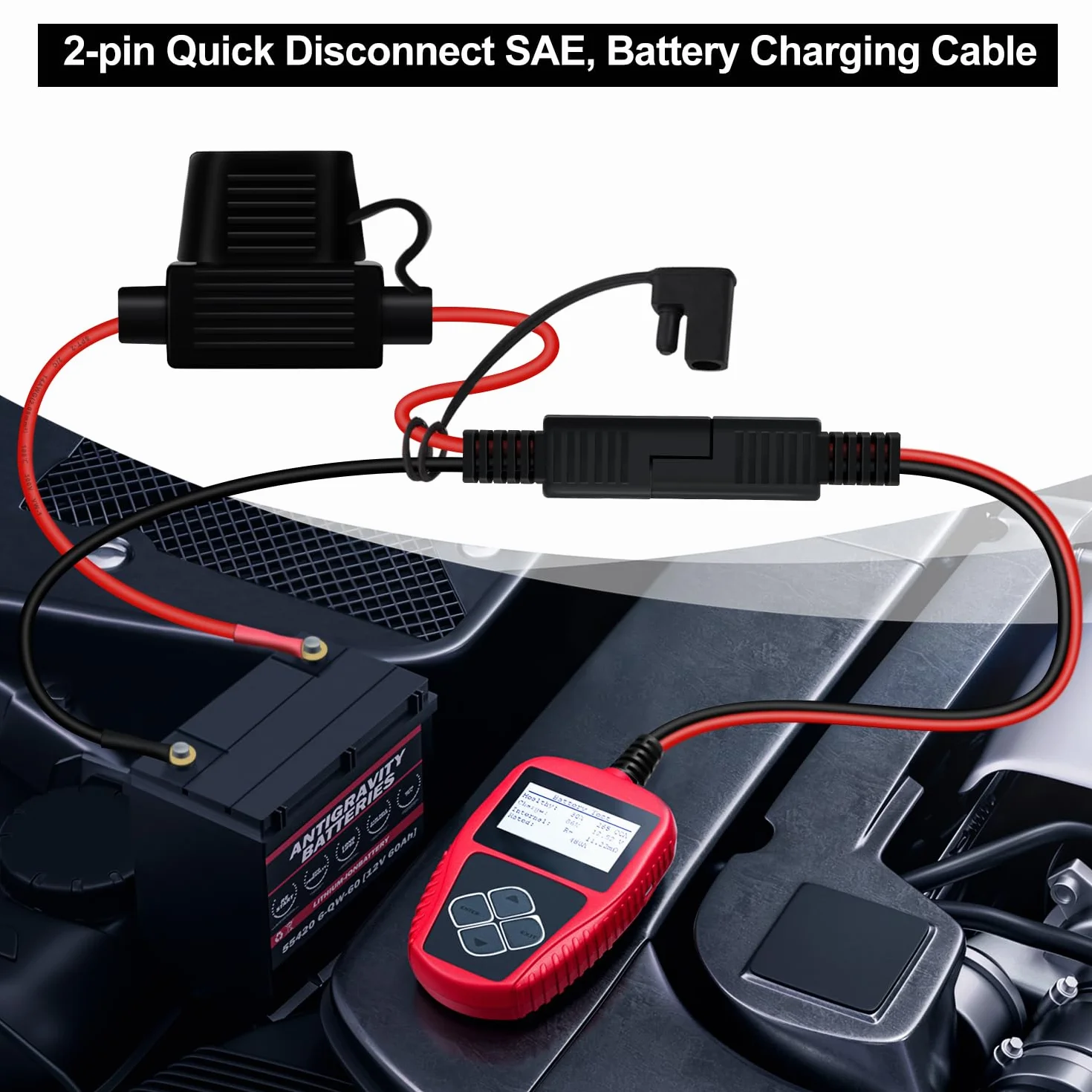 SAE Cable con Terminal de Anillo Cable Cargador Bateria Moto 14AWG 20A Cable Bateria Moto SAE con Fusible para Motocicletas, Paneles Solares, Automóviles, Barcos (1 m)