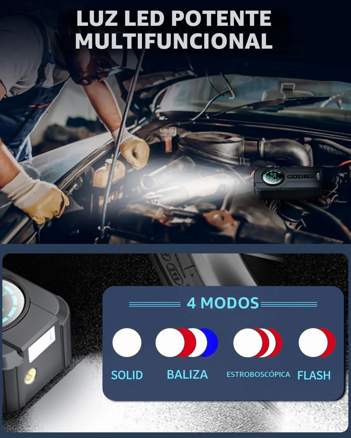 VICKSONGS Dual-uso Compresor Aire Electrico Portatil, Recargable Inflador Ruedas 7200mAh 180PSI, Bomba de Aire Electrica para Coche, Bicicleta, Moto, Scooter, Bolas