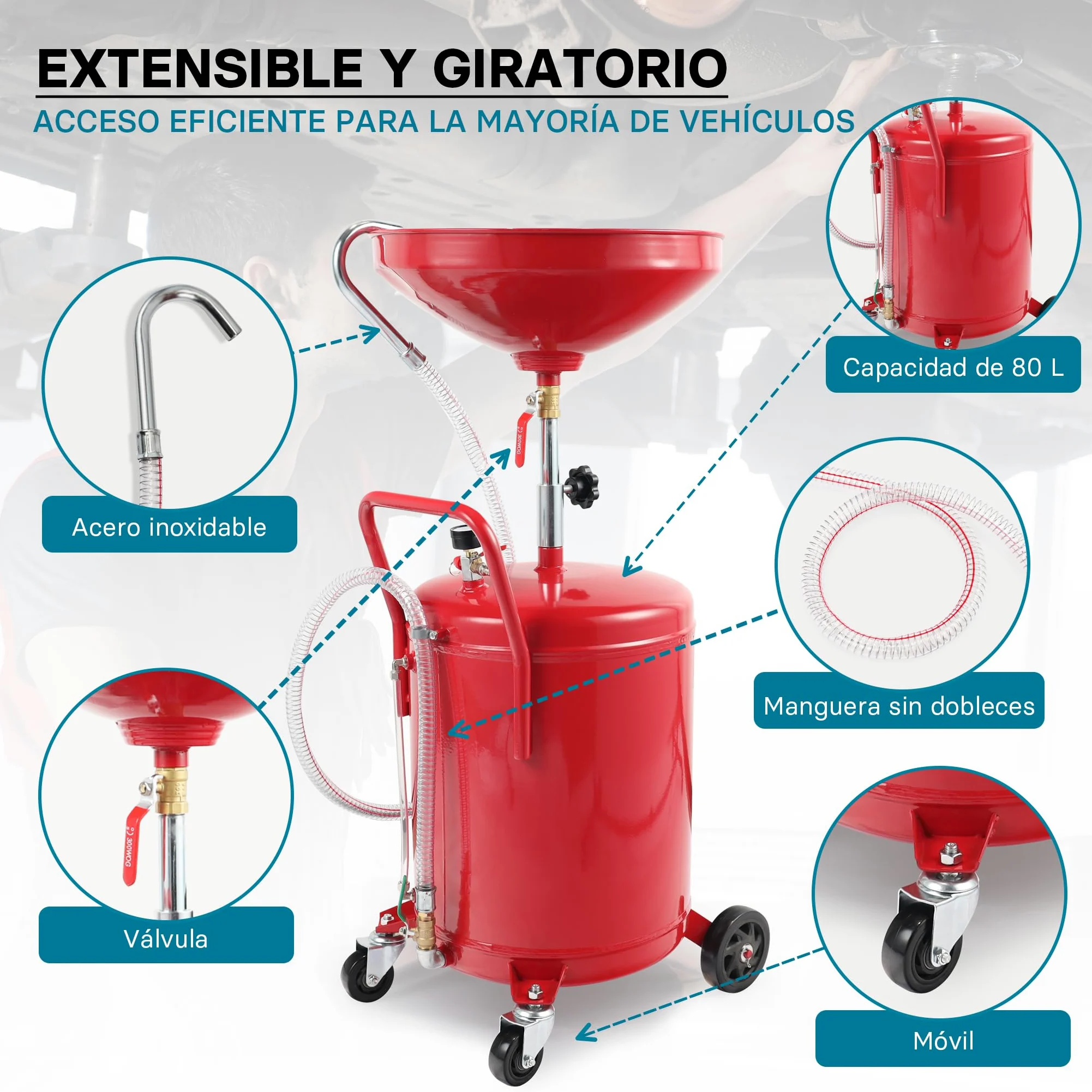 WilTec Recogedor de Aceite Usado 80l, Altura regulable122-168cm y chasis 4 Ruedas, Vaciado Aire a presión