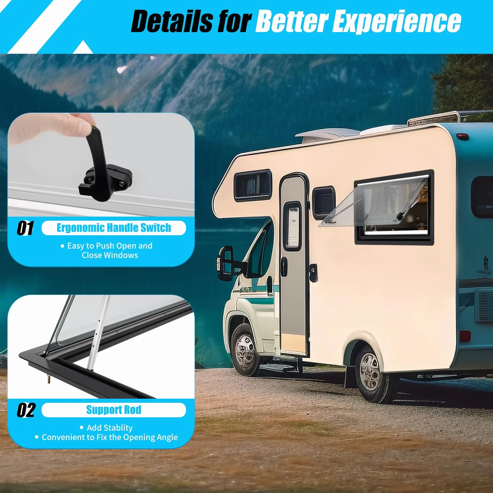 Ventana para autocaravana ACROSSPART con certificación ECE 43R, ventana abatible para camper con persiana integrada y mosquitera, ventana abatible de 70° para autocaravanas, caravanas, furgonetas (90