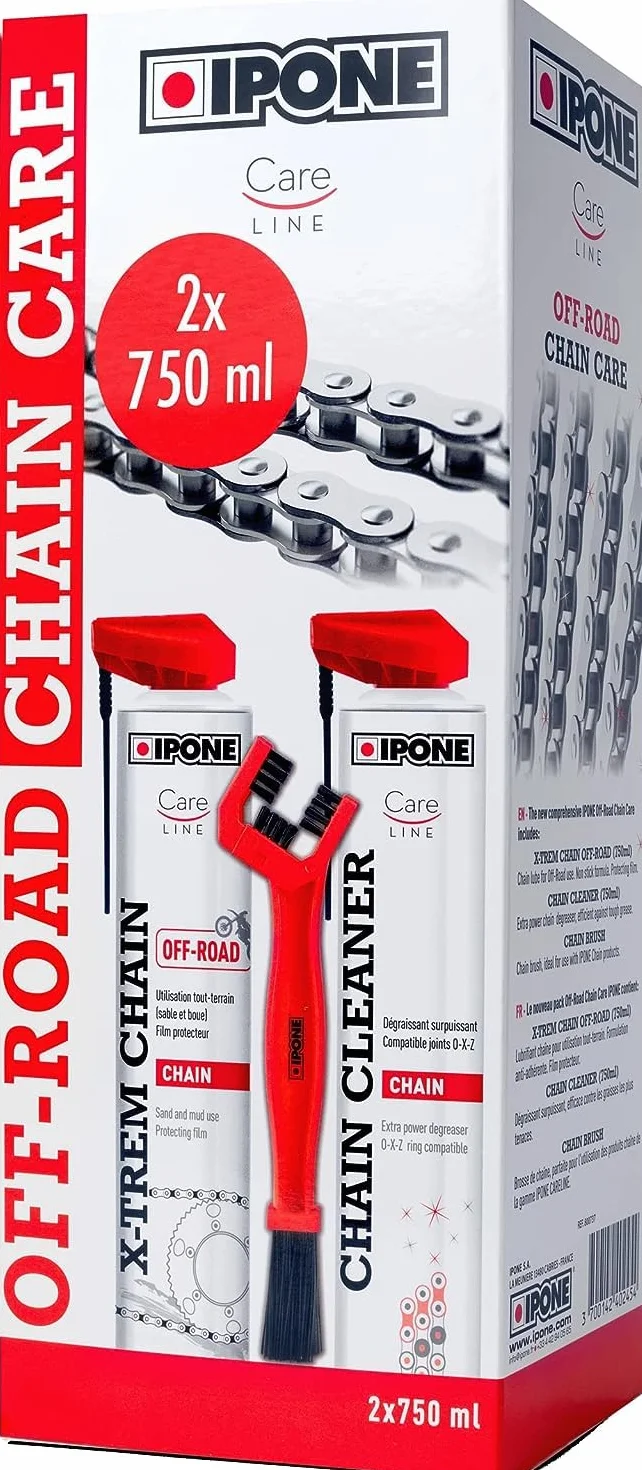 IPONE - Pack Mantenimiento Cadena Motocicleta Todoterreno - Todo-Road Chain Care - CHAIN CLEANER 750 ML + X-TREM CHAIN OFF-ROAD 750 ML + Cepillo de Cadena