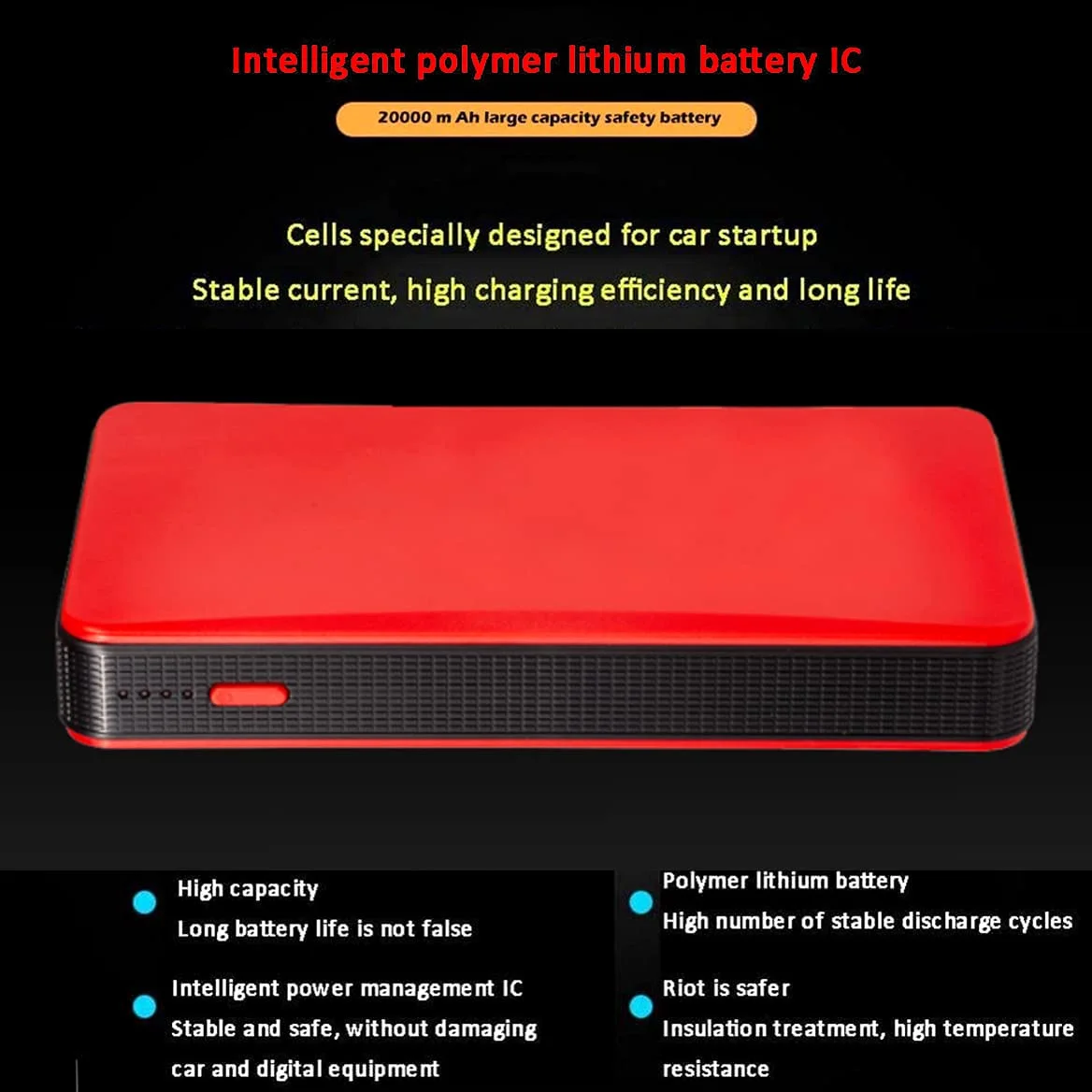 Arrancador de Coche de 20000 mAh, Dispositivo de Arranque portátil para Coche de 12 V, Cargador de Coche, arrancador de Emergencia con Pinza, Linterna LED y Cable.