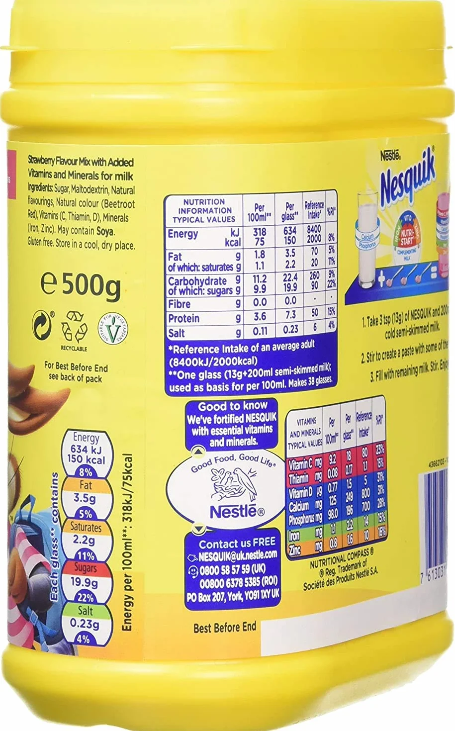 Nesquik Nestlé Mezcla de bebidas con leche sabor fresa 500 g