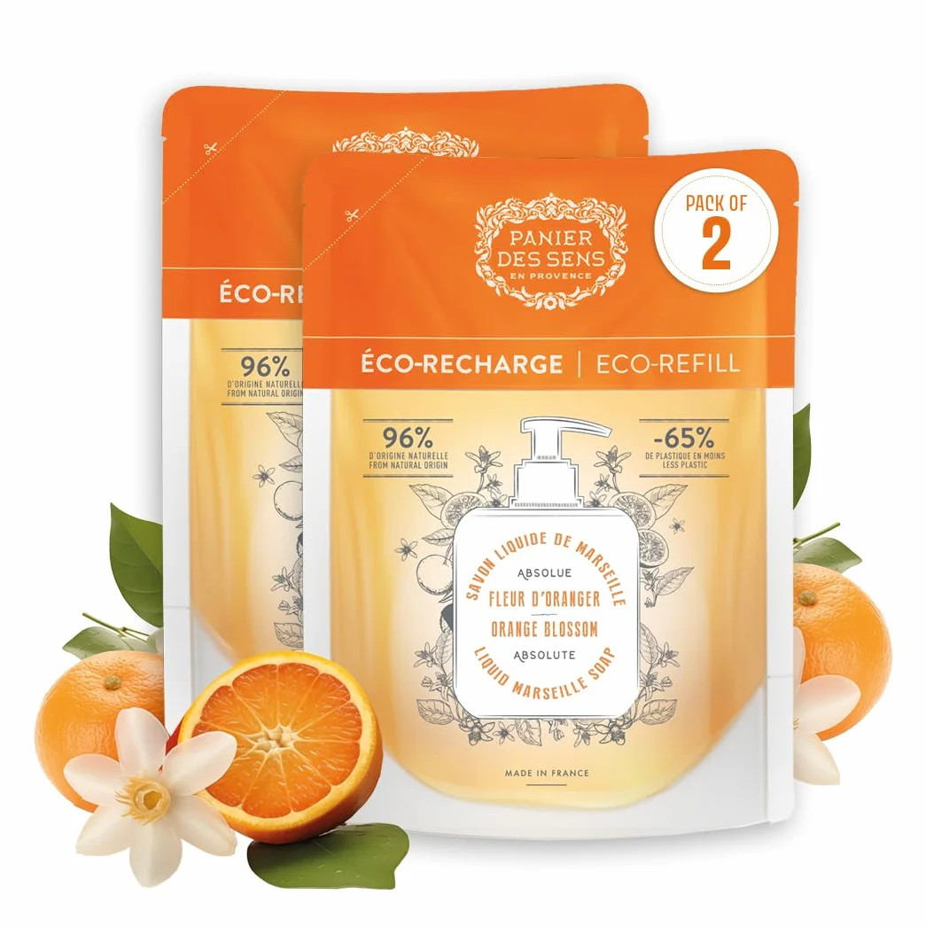 Panier des Sens Eco-Relleno de Azahar Jabón Líquido de Marsella Aceite de Coco y Oliva 96% Ingredientes Naturales Vegano 2x500ml