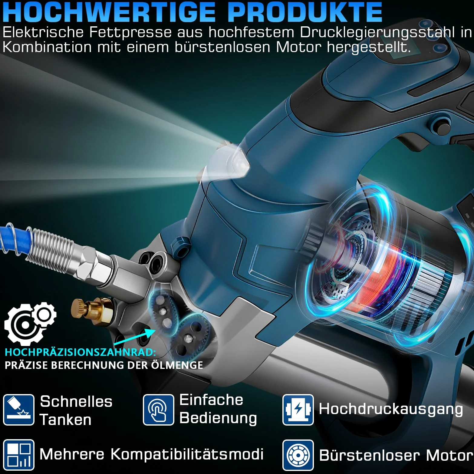 Pistola engrasadora inalámbrica compatible con batería Makita de 18 V, prensa de engrase eléctrica con función de dosificación, incluye manguera de alta presión de 100 cm, 3 boquillas, motor sin