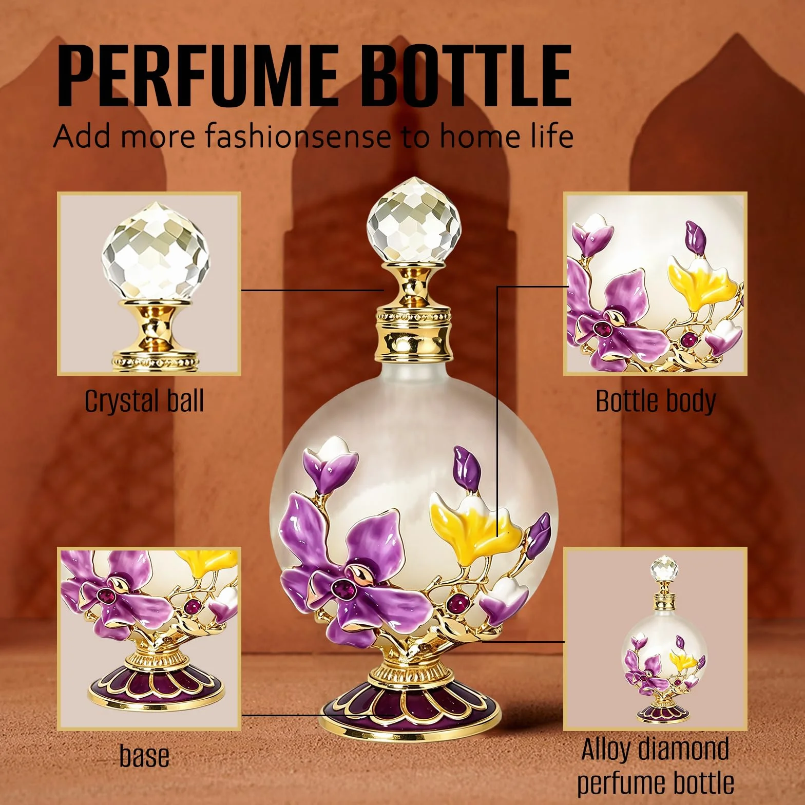 Joyeee Botellas de perfume de vidrio vacías 30 ml con magnolia rosa, frascos portátiles de aceite esencial vintage