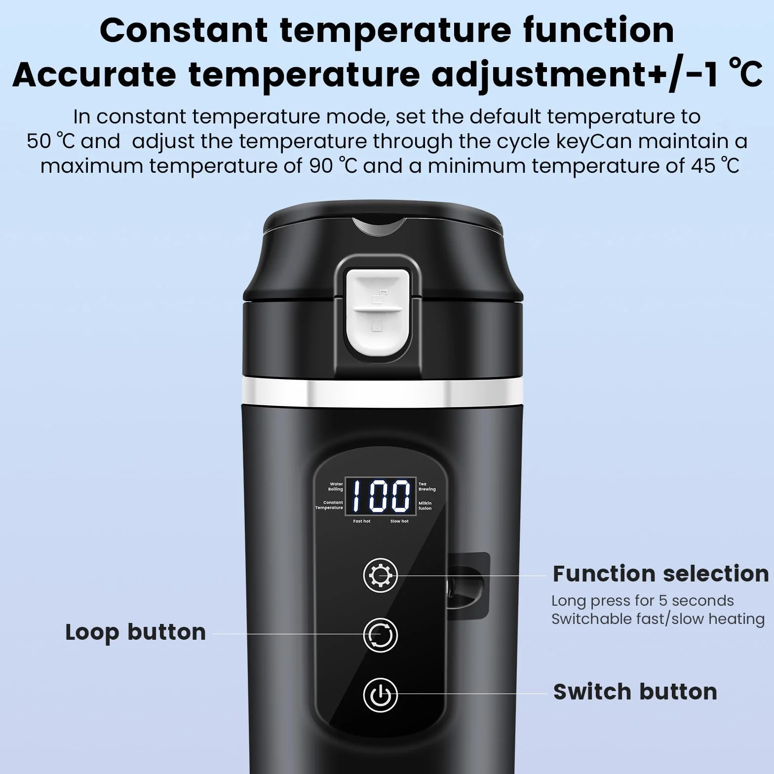 PORFOYO Hervidor de agua para coche, 12 V, minihervidor de café, 500 ml, negro, hasta 100 ℃, control de temperatura variable para camiones, viajes, camping