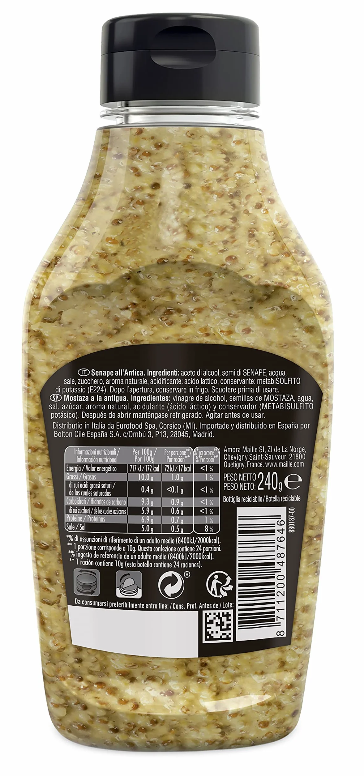 Maille Mostaza A La Antigua, Auténtica Mostaza Francesa Tradicional Granulada, Squeeze 240 ml